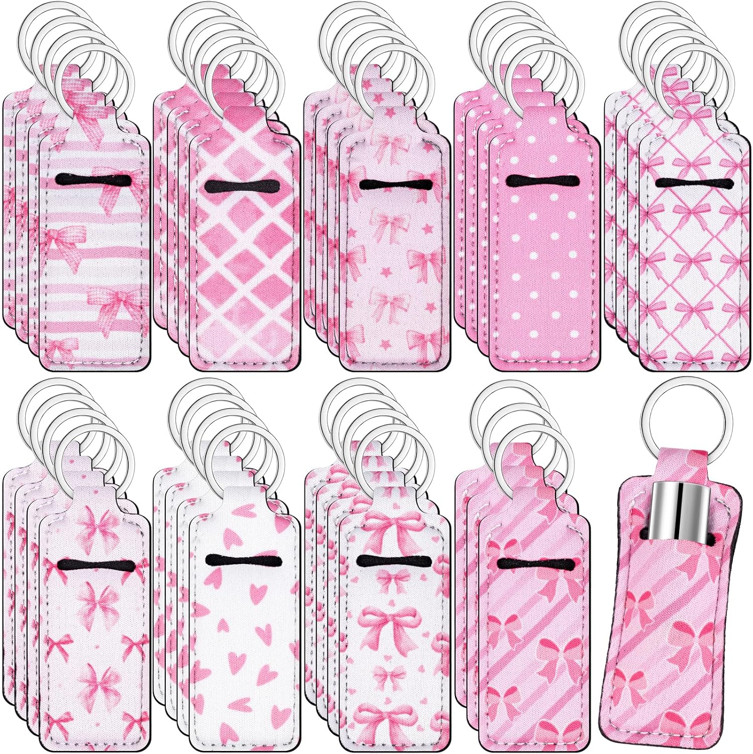 36PCS Pink and White Coquette Bow Lipstick Holder Keychains Set, Lip Gloss Holder Key Chains Stocking Stuffers for Women and Girls Lip Balm Birthday Gifts Valentine’s/Galentine’s Day Party Favors