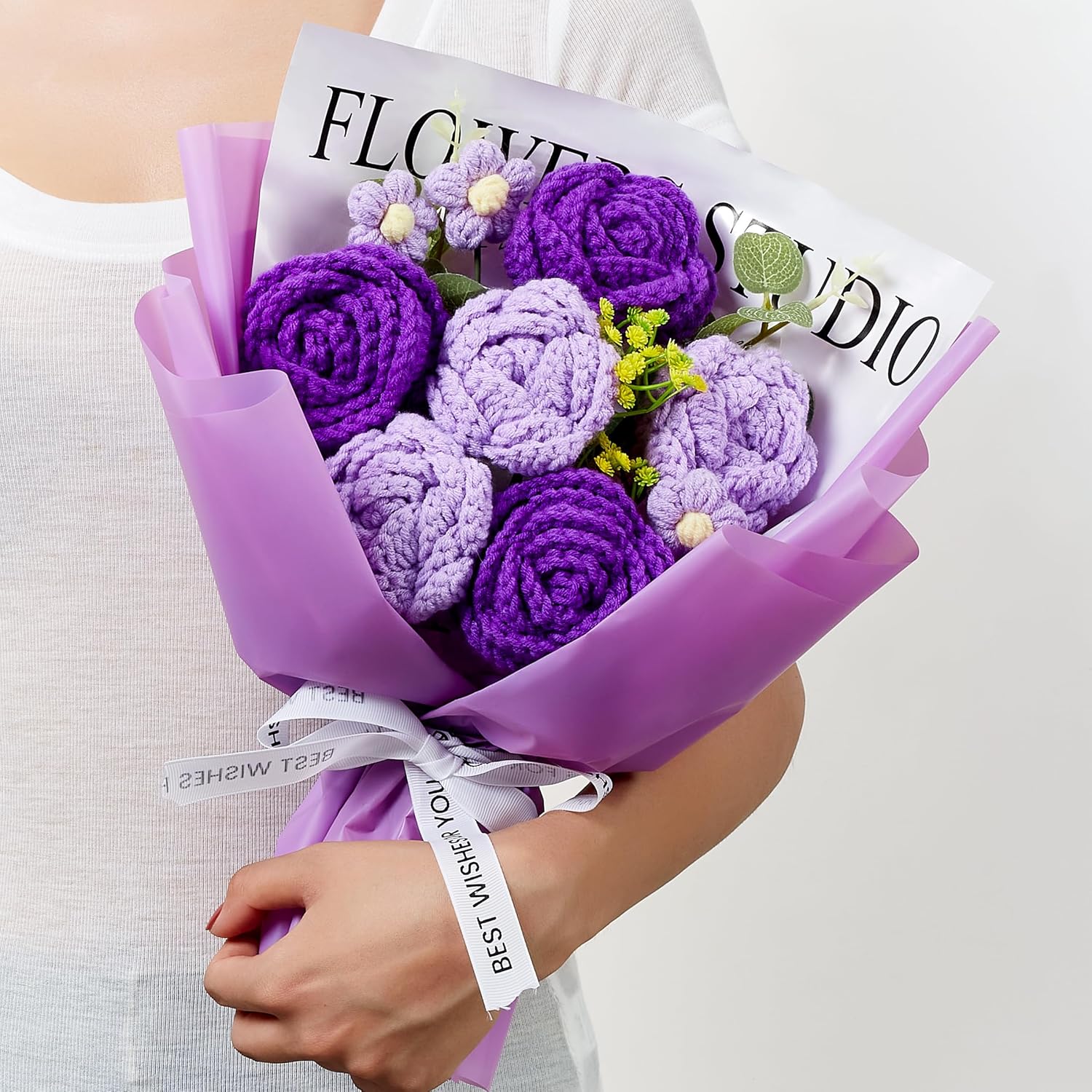 SITUMEIZI Handmade Crochet Flower Bouquet 6 Pcs Purple Roses Knitted Bouquet Cotton Thread, Gifts for Women, Mom, Wife, Teacher, Anniversary, Birthday - Includes Luxury Gift Package