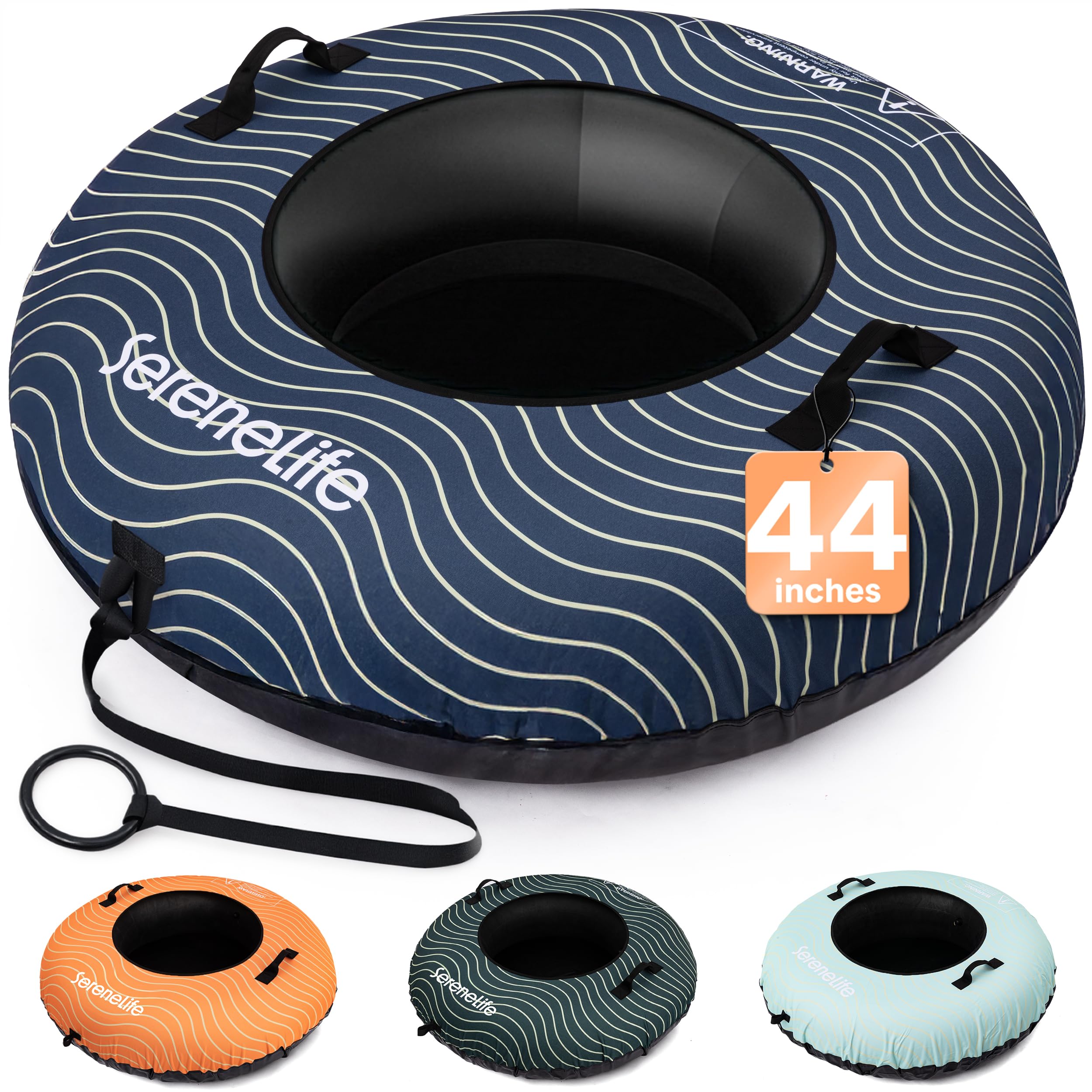 SereneLife Rura śnieżna do sanek, 112 cm, wytrzymała gumowa dętka powietrzna, pokrywa Oxford, pogrubiony spód z PVC i pas do ciągnięcia, nadmuchiwane sanki dla dzieci i dorosłych, prezent