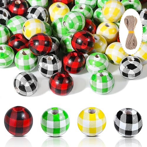 200 cuentas de madera a cuadros, cuentas redondas de madera a cuadros, cuentas de madera a cuadros de búfalo, cuentas de madera de color, cuentas de