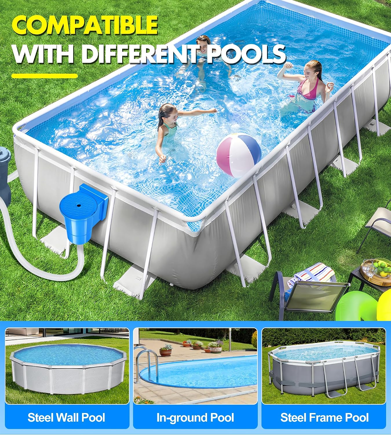 BluSwim Standard Wide Mouth Pool Skimmer for Above Ground Pools, Heavy Duty ABS Through Wall Pool Skimmers with Return Jet & Vacuum Plate, Thru-wall Skimmer Kit Compatible with 6'' Openings-Dark Blue