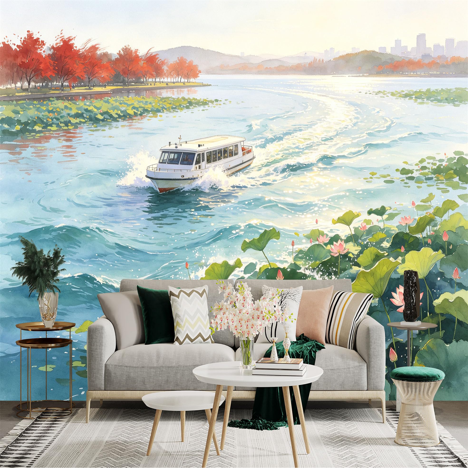 Custom Size Wall Sticker Mural， Cruise Boat on Lake， Vibrant Lotus Flowers， Autumn Maple Trees， Peaceful Waterfront Scenery， for wall Decoration， peelandstick wall Decals.