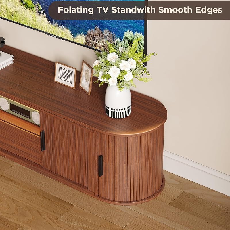 Maupvit Expandable Free Standing TV Stand for 65 Inch TV, Rounded Corner Media Console with Sliding Tambour Doors, Drawer & LED Light Strip, Adjustable Floor Cabinet Fit Living Room Corner, Walnut image 4
