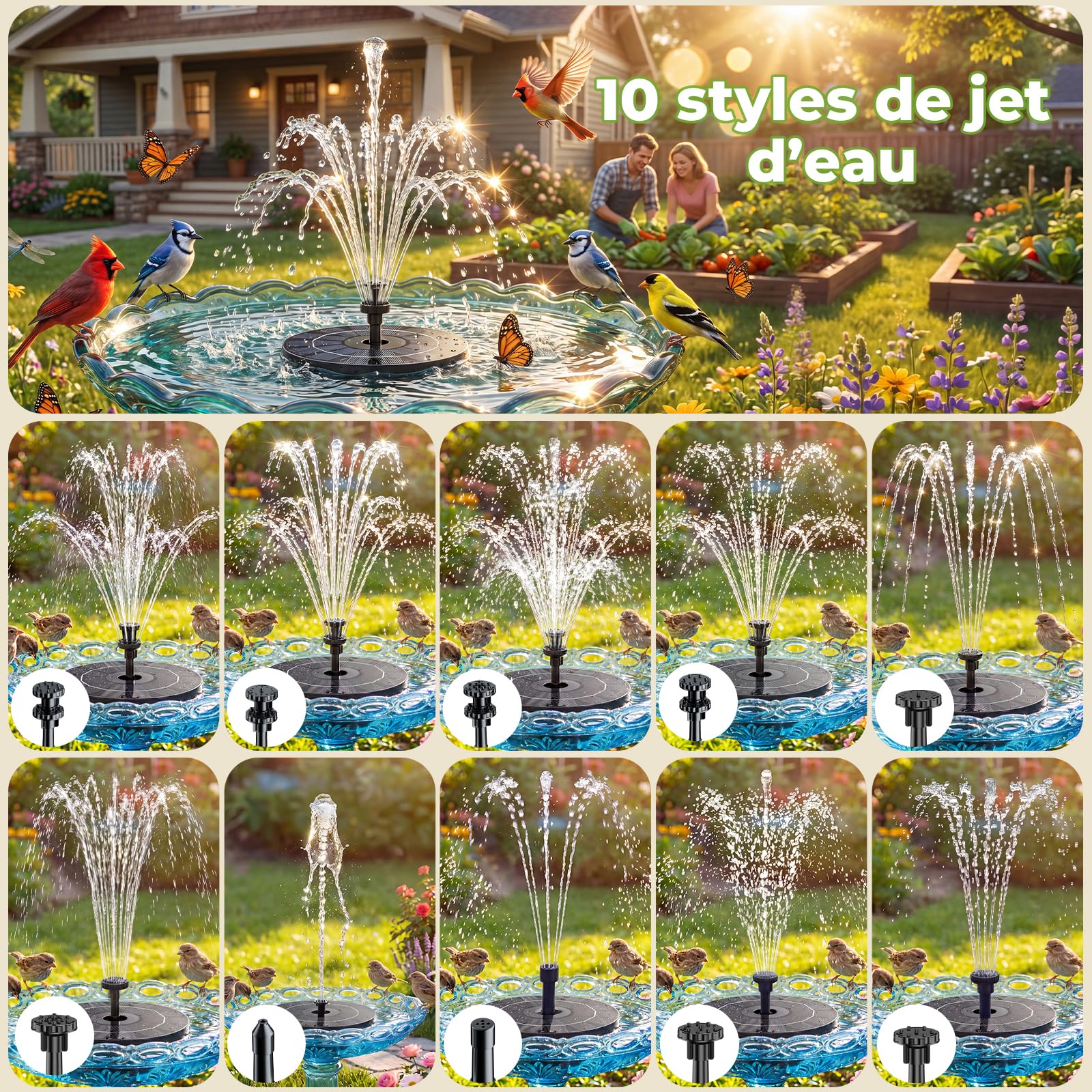 Fontaine Solaire Extérieur Flottante 3.5W Pompe Bassin Solaire avec 6 Buses pour Bain d'oiseaux Aquarium Jardin Fontaine(1PC)