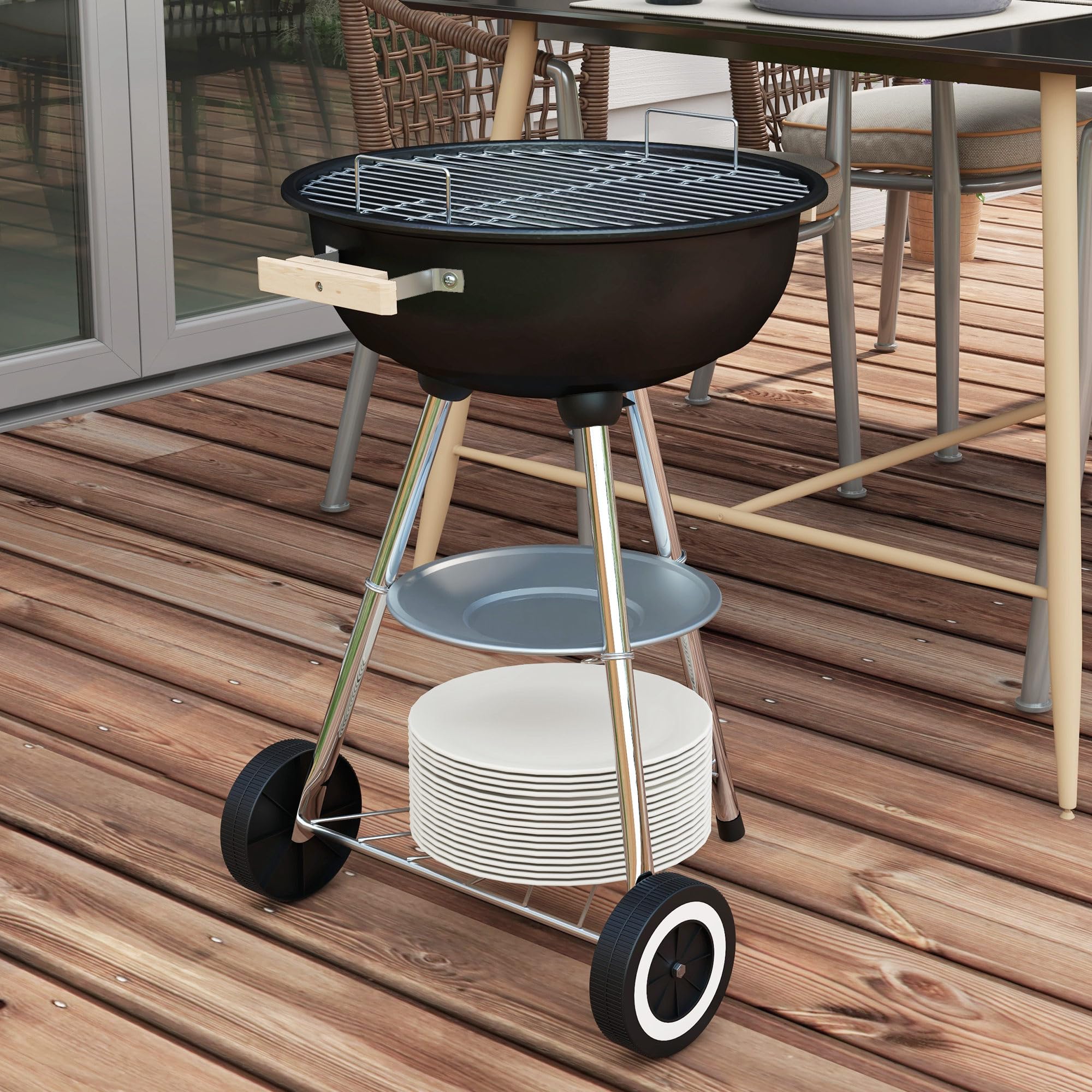 Outsunny Barbecue a Carbonella con Griglia in Metallo, Barbecue da Giardino con Coperchio, Prese d'Aria, Ruote, Raccogli Cenere, Ripiano e Maniglia in Legno, 48x56x94 cm, Nero