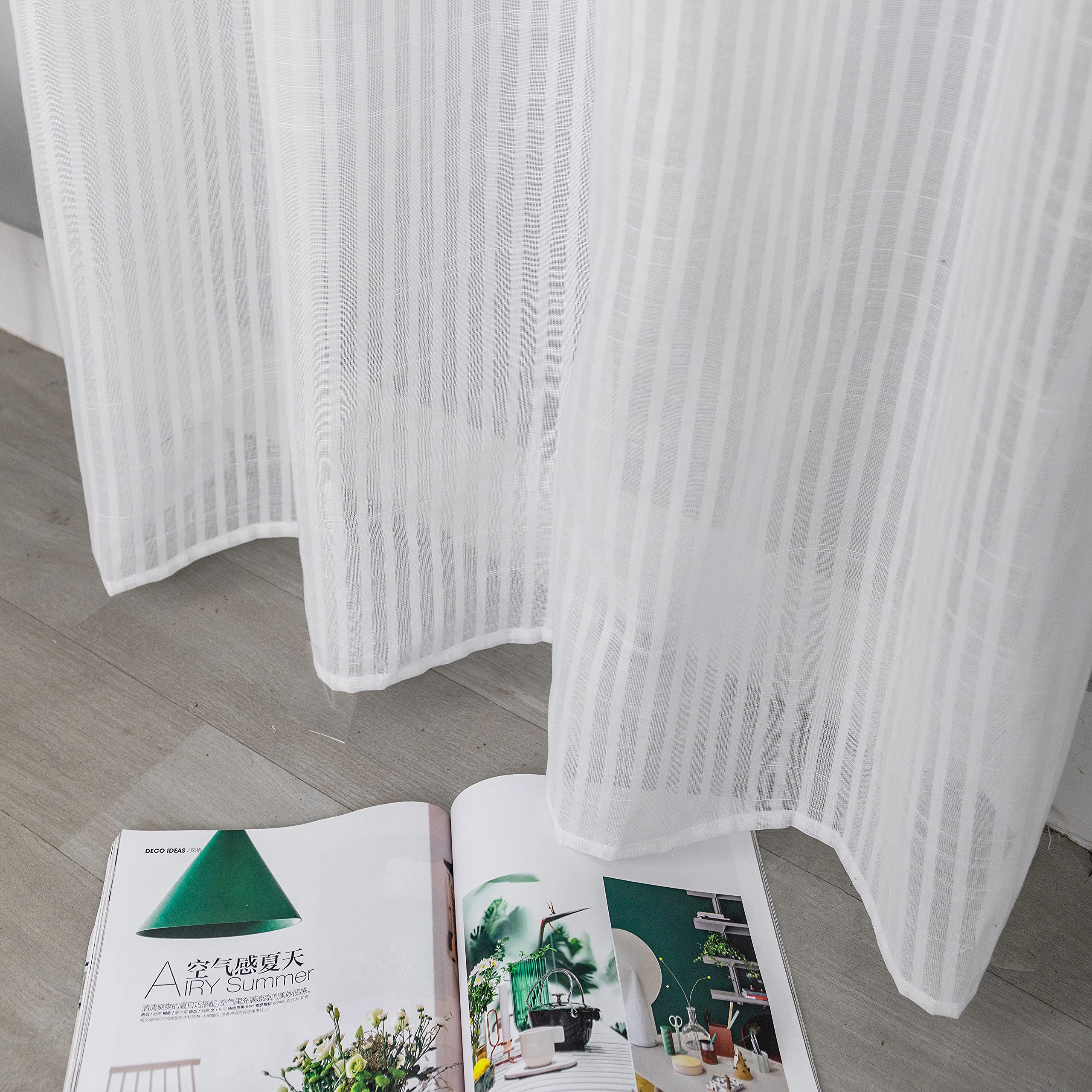 Coppia Tende Bianche Semi Trasparenti a Righe Orlo Superiore Grigio con Ricamo Fiore Tenda Misto Lino Stile Shabby Chic per Camera Balcone e Interni 2 Pannelli con Occhielli (Grigio, 140x280cm)