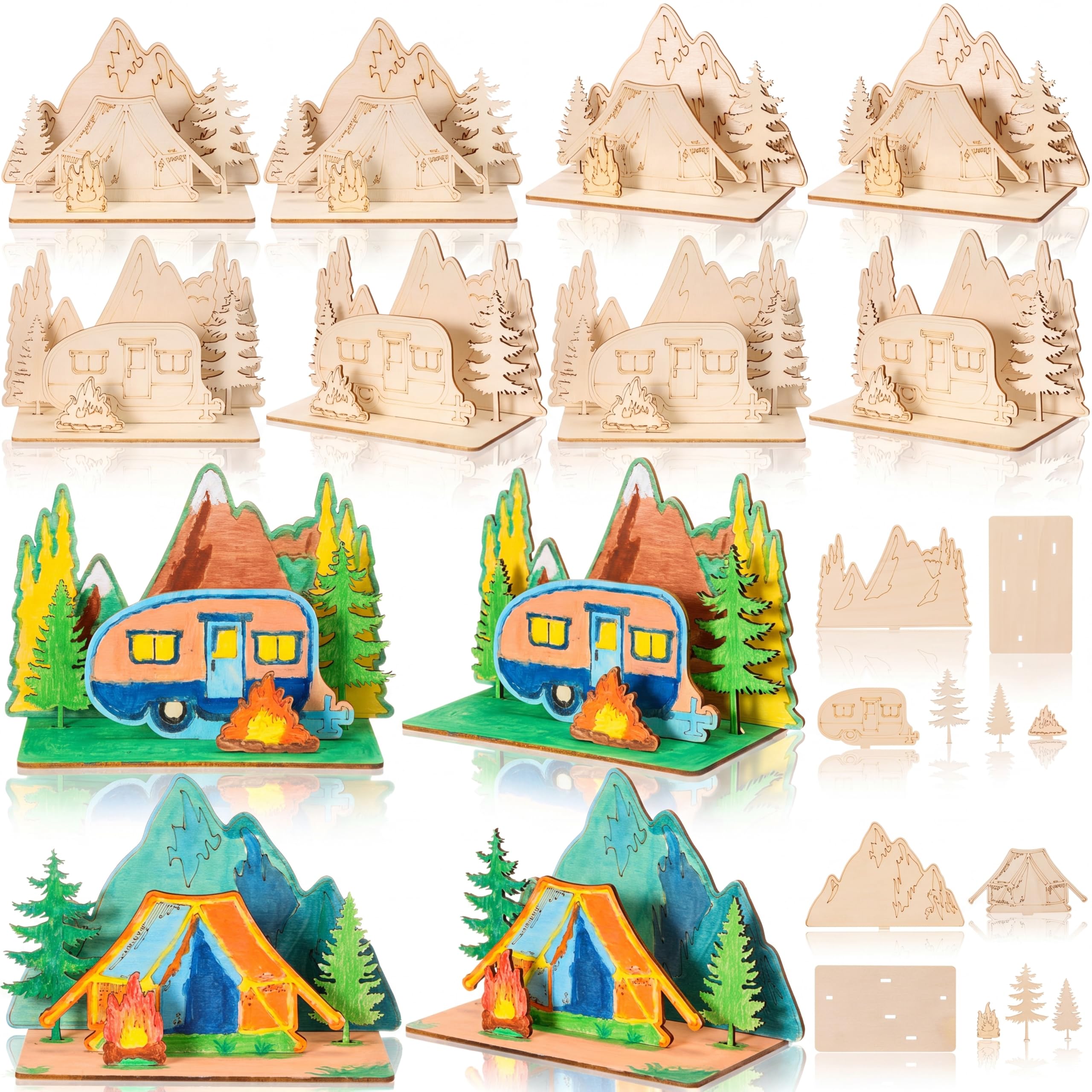 DoubleFill 12 Sets 3D Camping Crafts Wooden Tent Crafts to Paint for Kids Camping Activities DIY Summer Camp Craft Ornament for Birthday Party Favor Home Vbs Sunday School Art Classroom Nursery