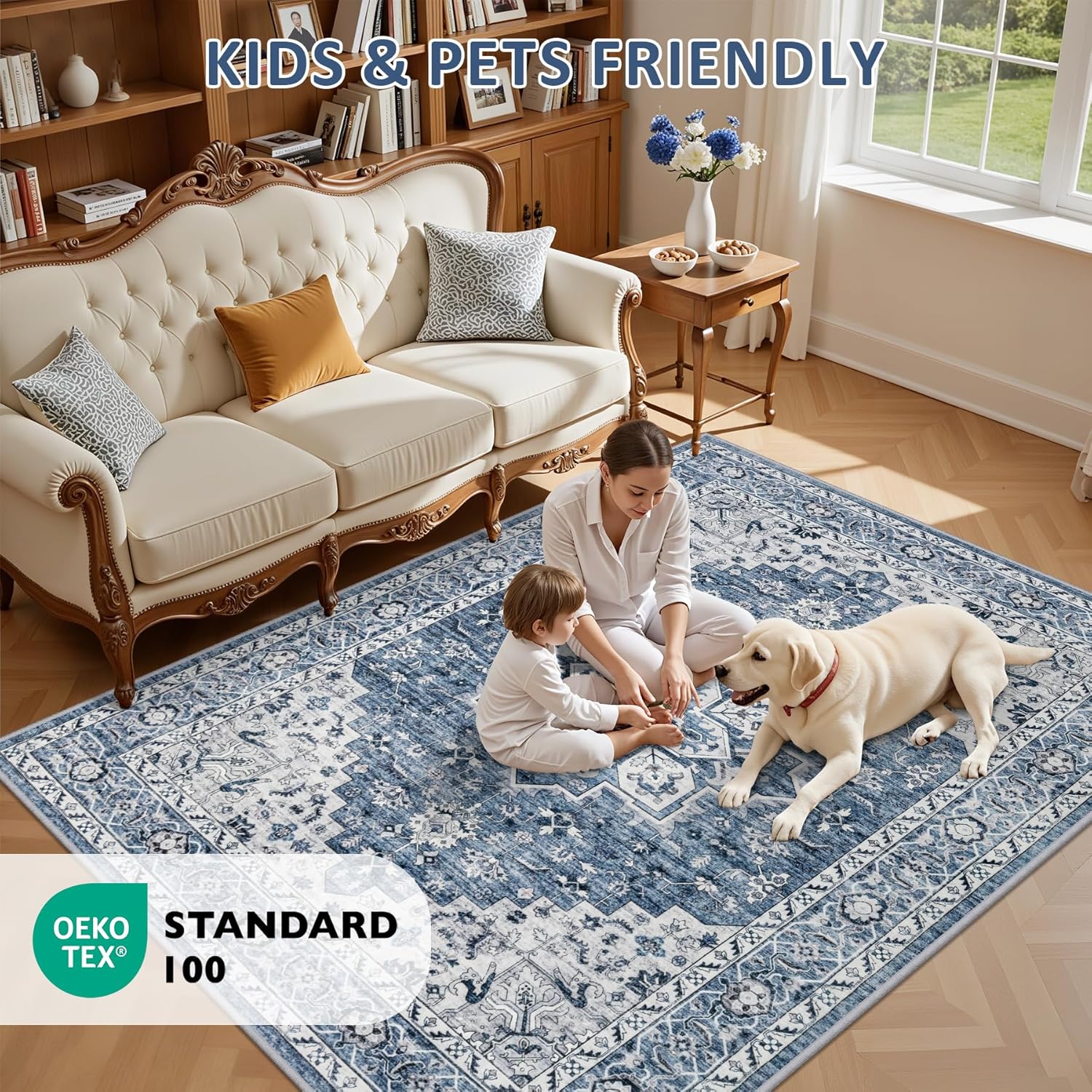 5x7 Area Rugs Living Room Rug: Washable Vintage Boho Medallion Rug No Slip Stain Resistant Soft Carpet Indoor Floor Large Carpets for Bedroom Dining Room Farmhouse Nursery Hallway Home Office Blue - Image 8