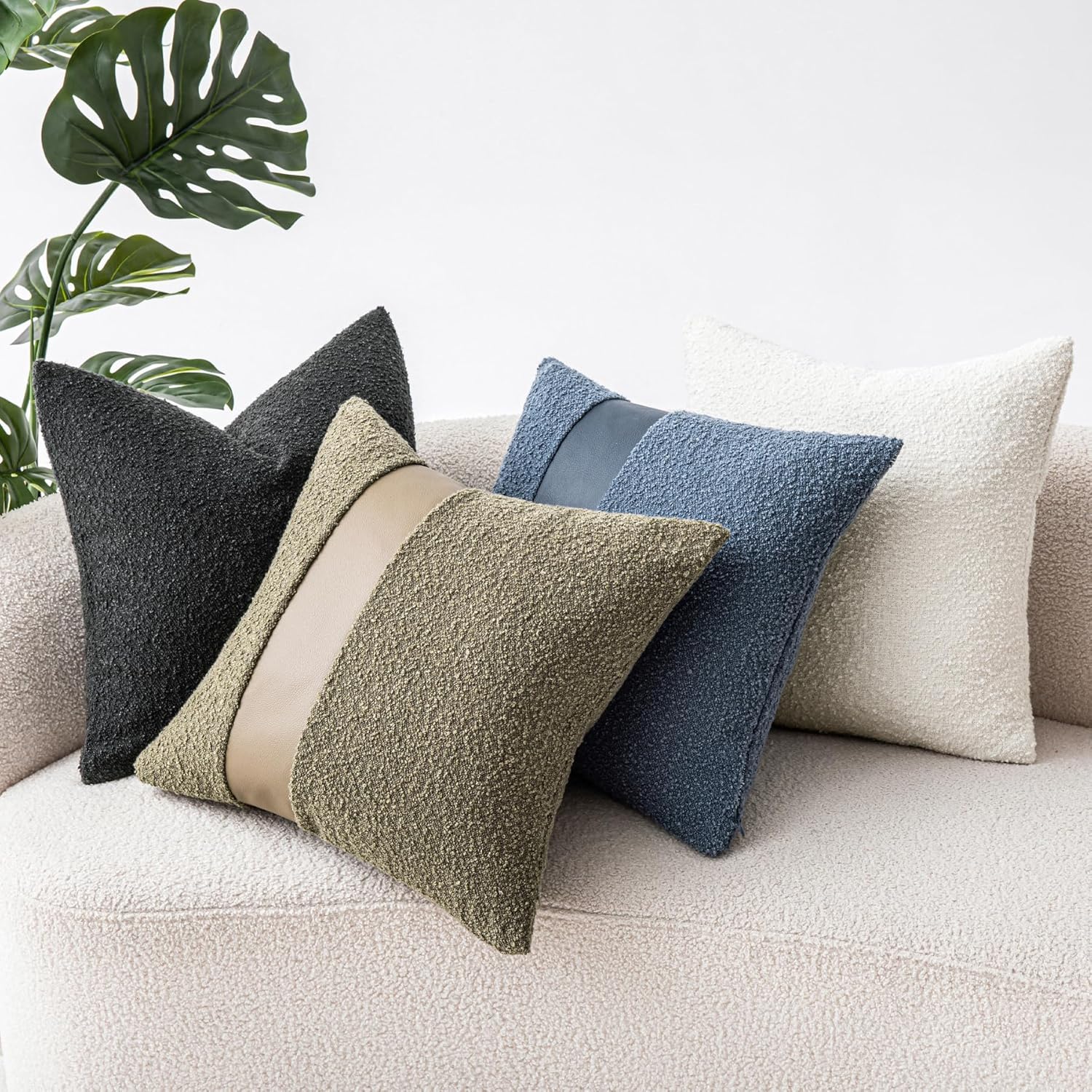 18"x18" Moss Green Boucle Throw Pillow Covers with Faux Leather Accents Set of 2 Fluffy Textured Decorative Pillow Cases for Couch Bed Boho Farmhouse Neutral Cushion Covers for Nordic Home - Image 8