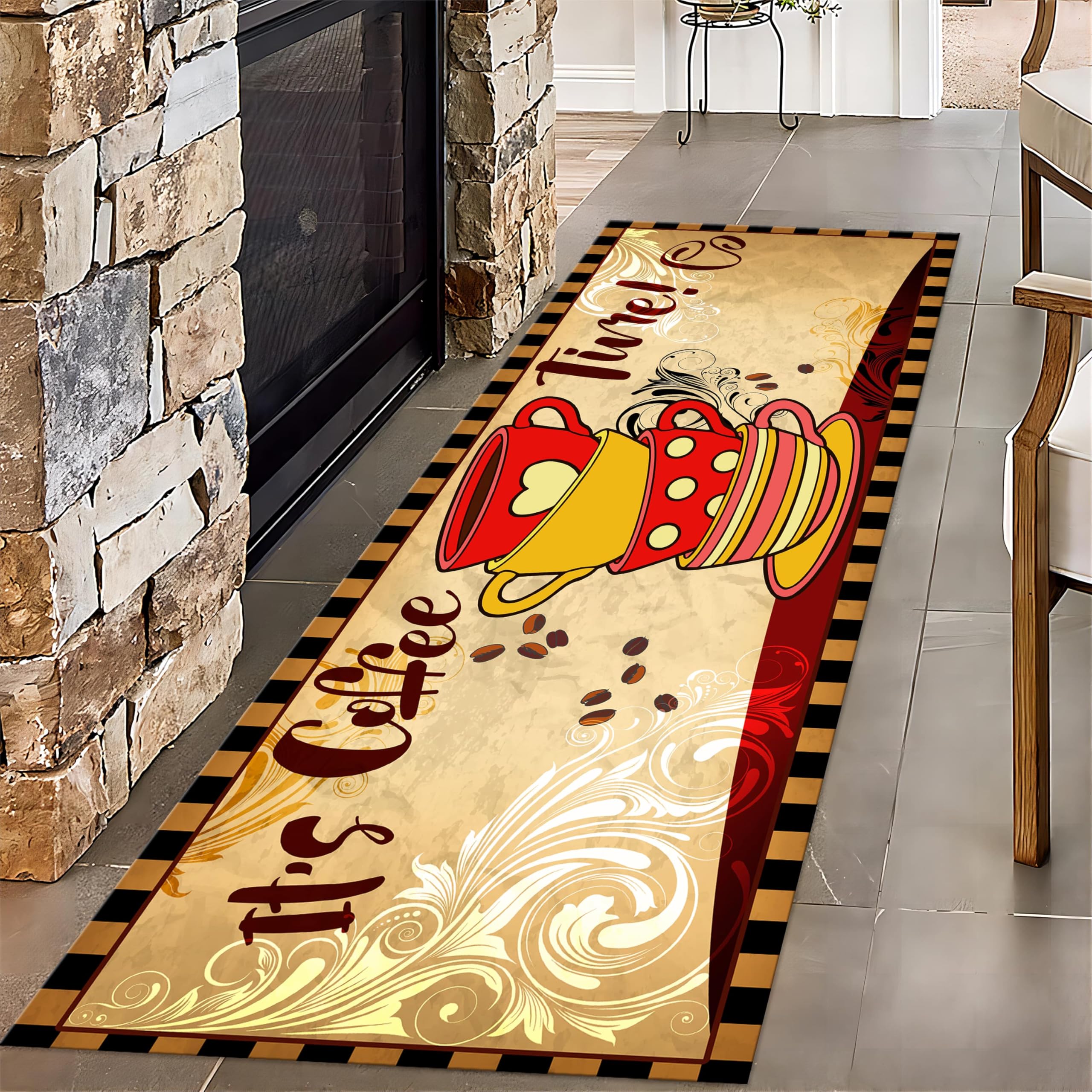 Coffee Theme Kitchen Rug, 2x6ft, Colorful Coffee Beans Decoration Art Carpet for Entryway, Low Pile Anti-Skid Mats, Cozy Washable with Non Slip