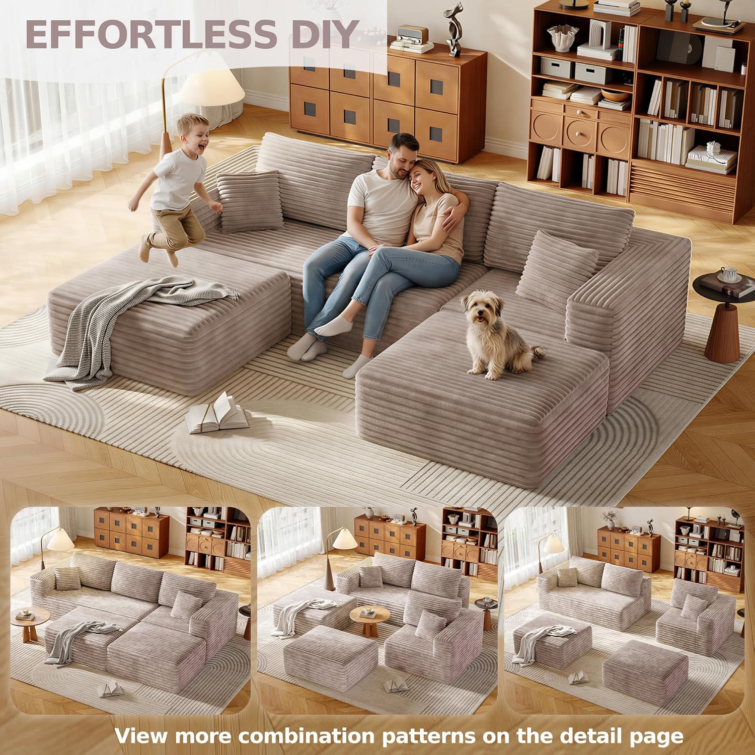 108.2" Modular Sectional Sofa with Deep Seat, Boneless U Shaped Corduroy Couch Modern Comfort, Cloud Couch Oversized for Living Room No Assembly (Camel) | Sectional,Boneless