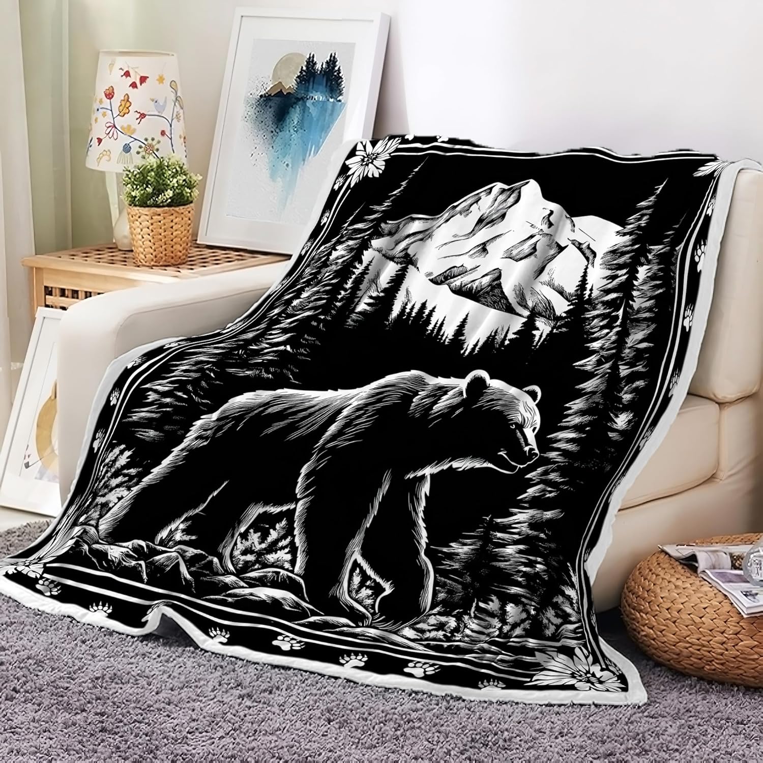 Bear Rustic Cabin Black Throw Blanket, Wild Animal Lodge Bed Blanket Nature Wildlife Bear Fuzzy Blankets for Bed Sofa Couch, Adventure Forest Hunting Farmhouse Country Bedroom Decor Blanket 60X80in