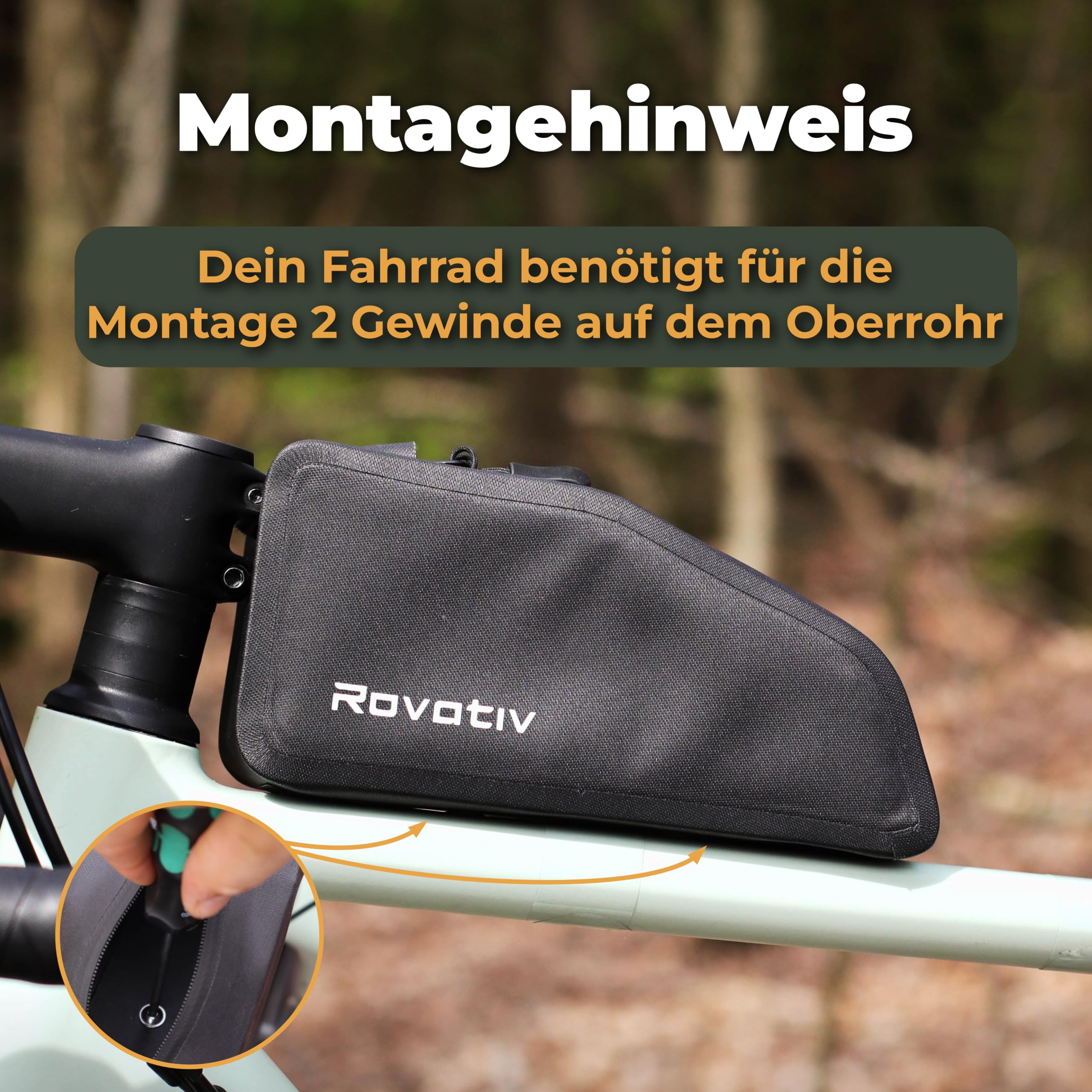 Rovativ® - Bikepacking Oberrohrtasche Anschraubbar [1L] 100% Wasserdicht | Top Tube Bag bolt-on | mit Kabelauslass | Gravelbike, Rennrad, MTB | Robustes TPU-Gewebe