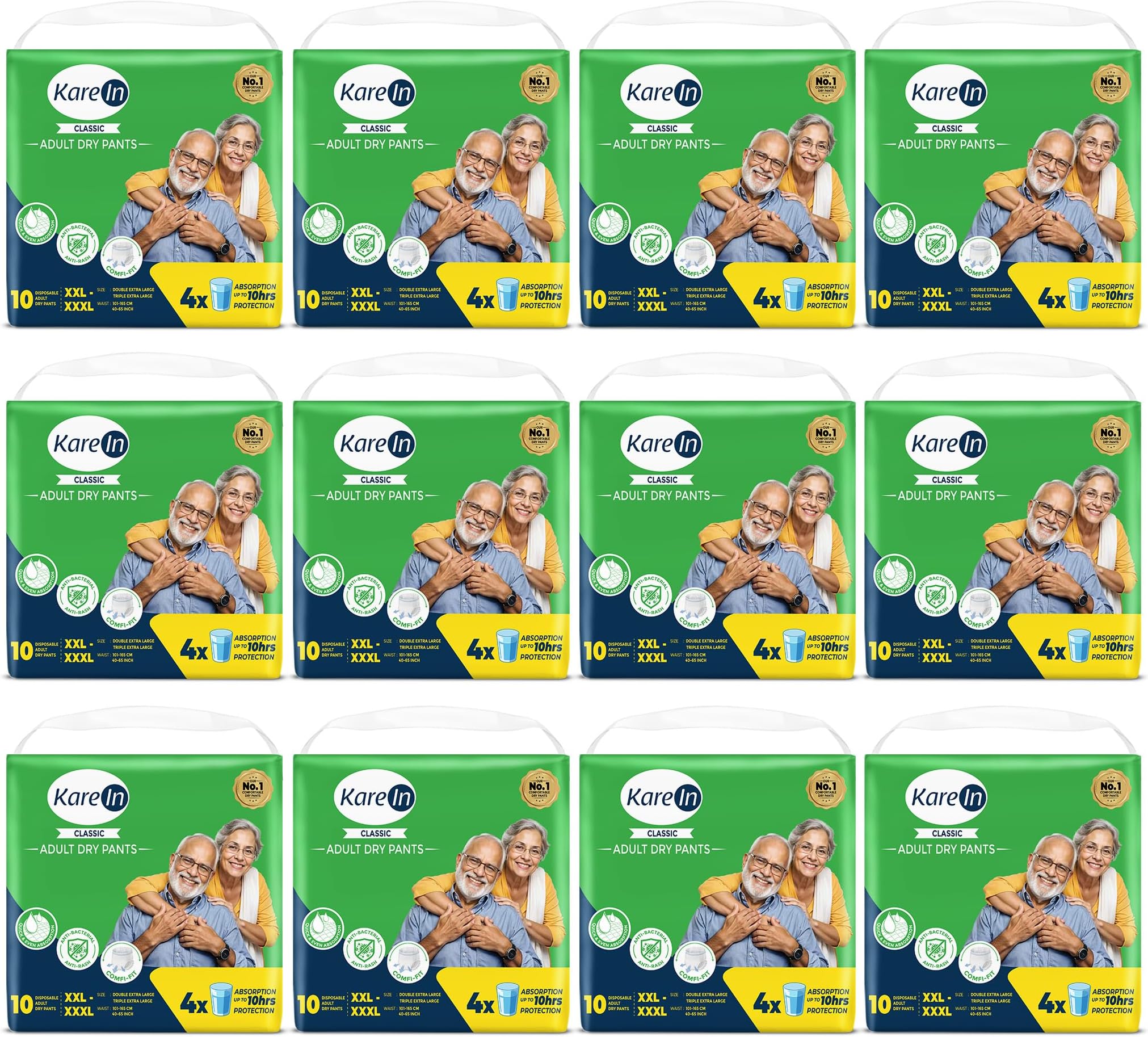 KareIn Classic Adult Diaper Pants, XXL-XXXL, 101-165 Cm (40"- 65"), Unisex, Leakproof, Elastic Waist, Wetness Indicator, 120 Count