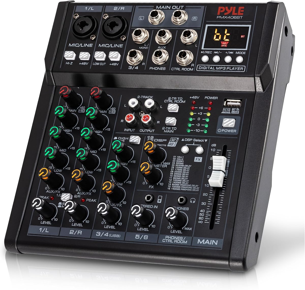 Mezclador de estudio de 6 canales - Tamaño reducido, USB - Grabación de PC, entrada Bluetooth, reproductor MP3, efectos DSP, alimentación fantasma de +48 V, entradas combinadas XLR, salida de sala de control, diales suaves y atenuadores - PMX406ST