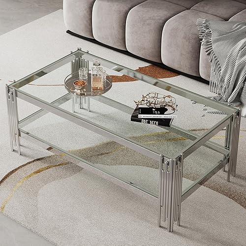 Miniatura 12 de Moderna mesa consola de cristal de 2 niveles, mesa de sofá de lujo con parte superior de vidrio templado transparente con patas plateadas brillantes
