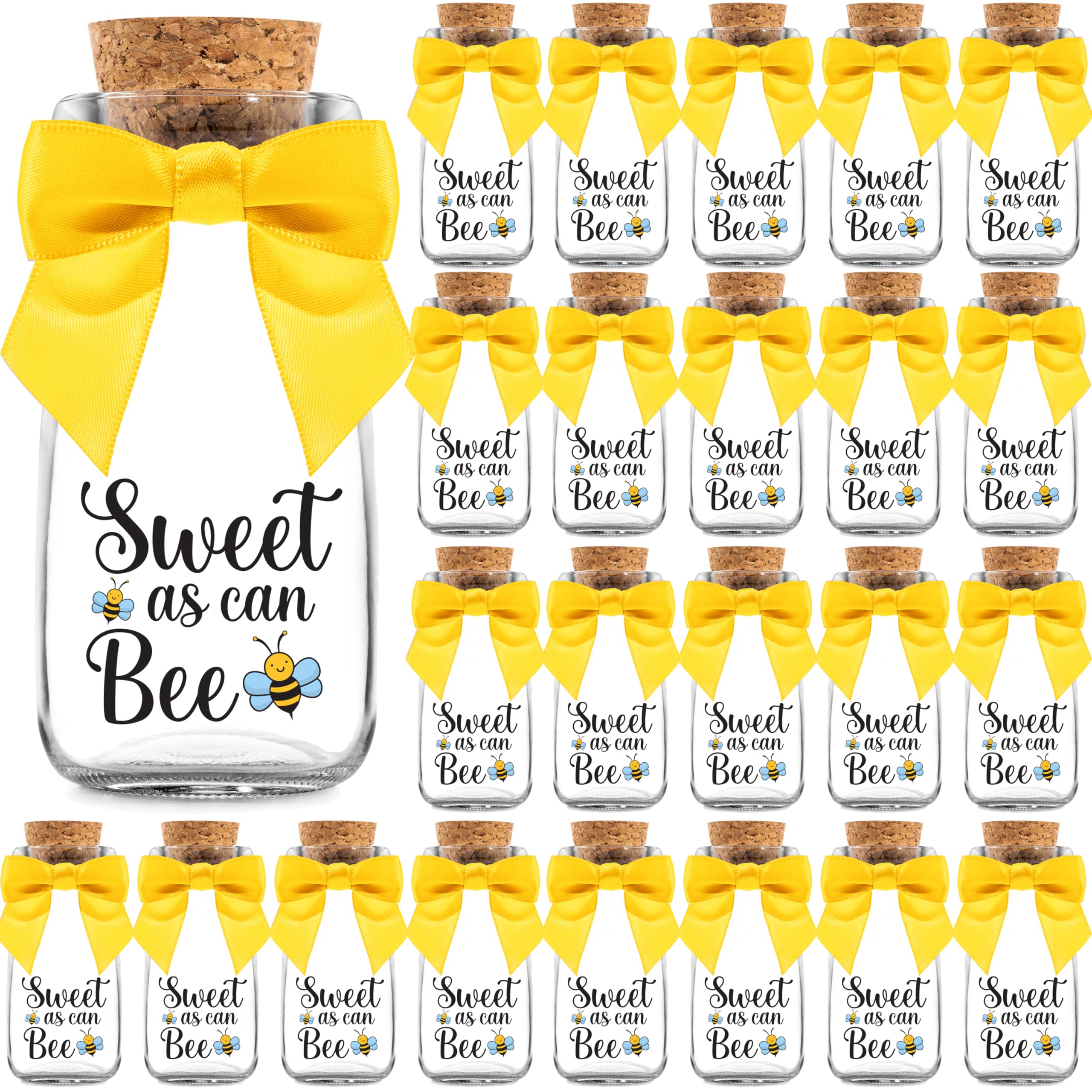 Ethisa Vintage 24 Pack Bee Party Favor Glass Bottles with Ribbons and Stickers - Classy Baby Shower and Birthday Souvenir for Guests and Table