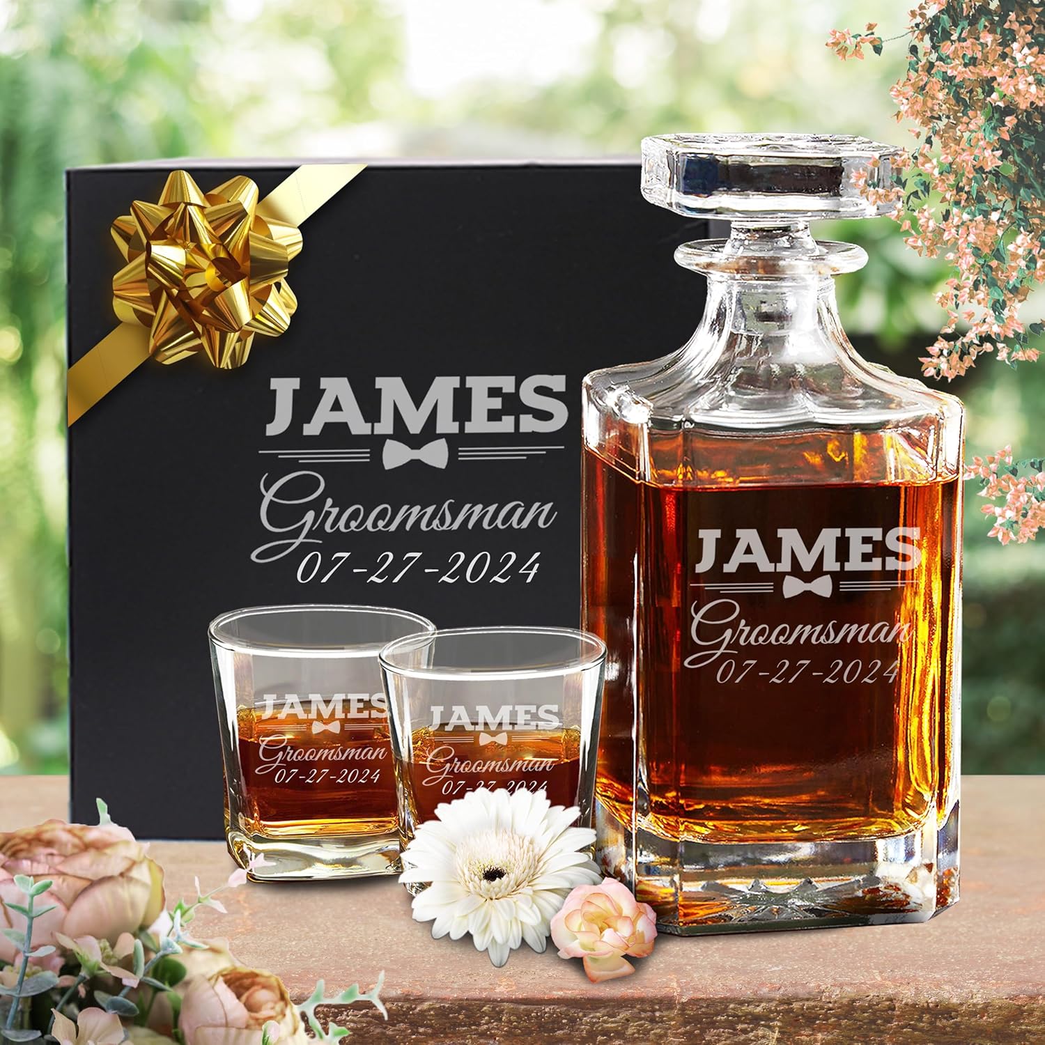 The Wedding Party Store Custom Personalized Best Man, Groomsmen, Groom Whiskey Decanter and Rocks Glasses Set - Engraved with WPS Design (Decanter and 2 Glasses)