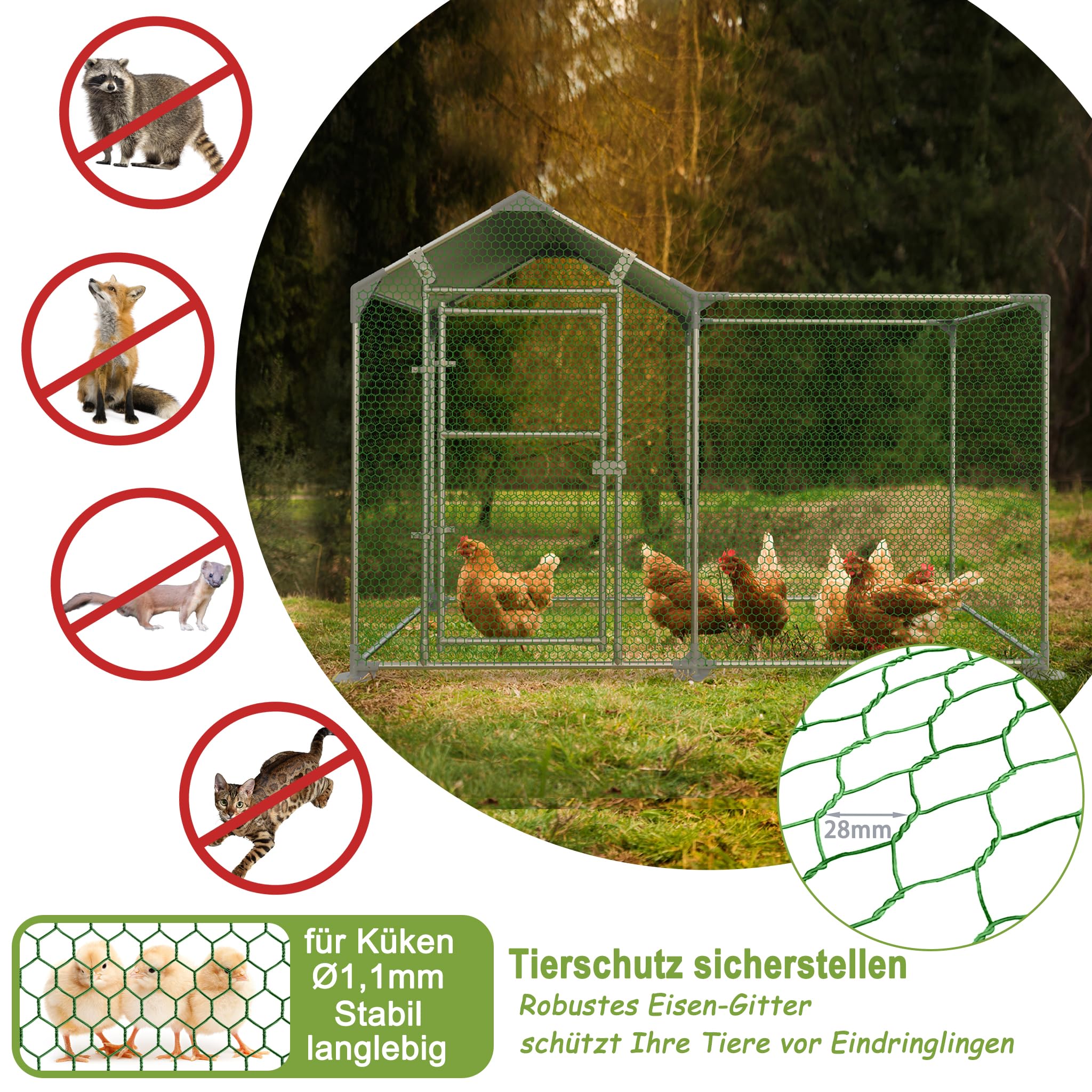 YRHome Gallinero para gallineros, 2 x 1 x 1,5 m, con marco de acero galvanizado con PE