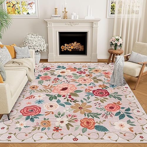 DUKINO 9x12 Area Rug, Floral Rugs for Living Room, Lightweight Non Slip Washable Rug, Indoor Low Pile & Non-Shedding Boho Design Rugs for Bedroom, Living Room, Dining Room, Beige