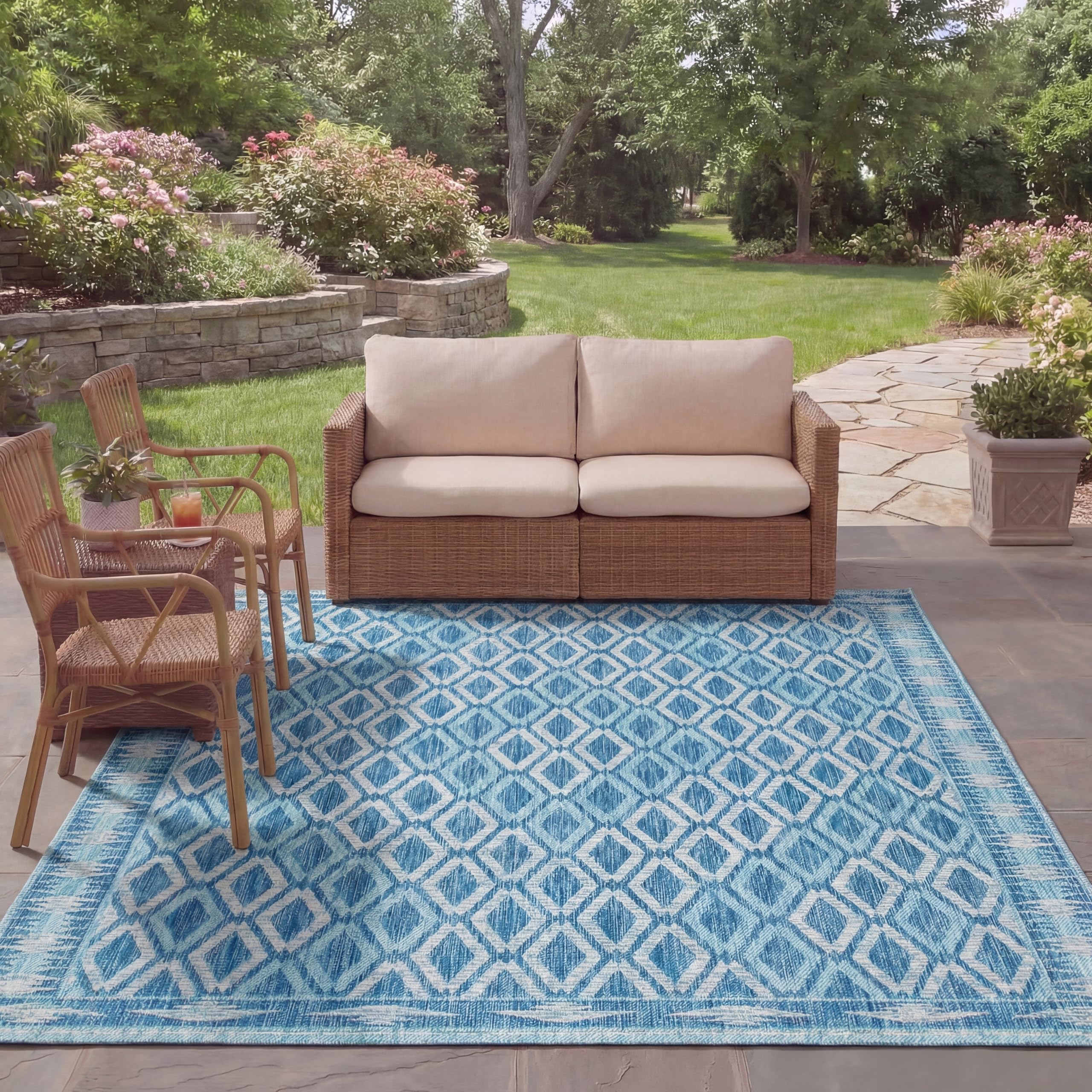 SAFAVIEH Courtyard Collection 8' x 11' Navy / Aqua CY8531 Indoor/ Outdoor Waterproof Easy Cleaning Patio Backyard Mudroom Area Rug