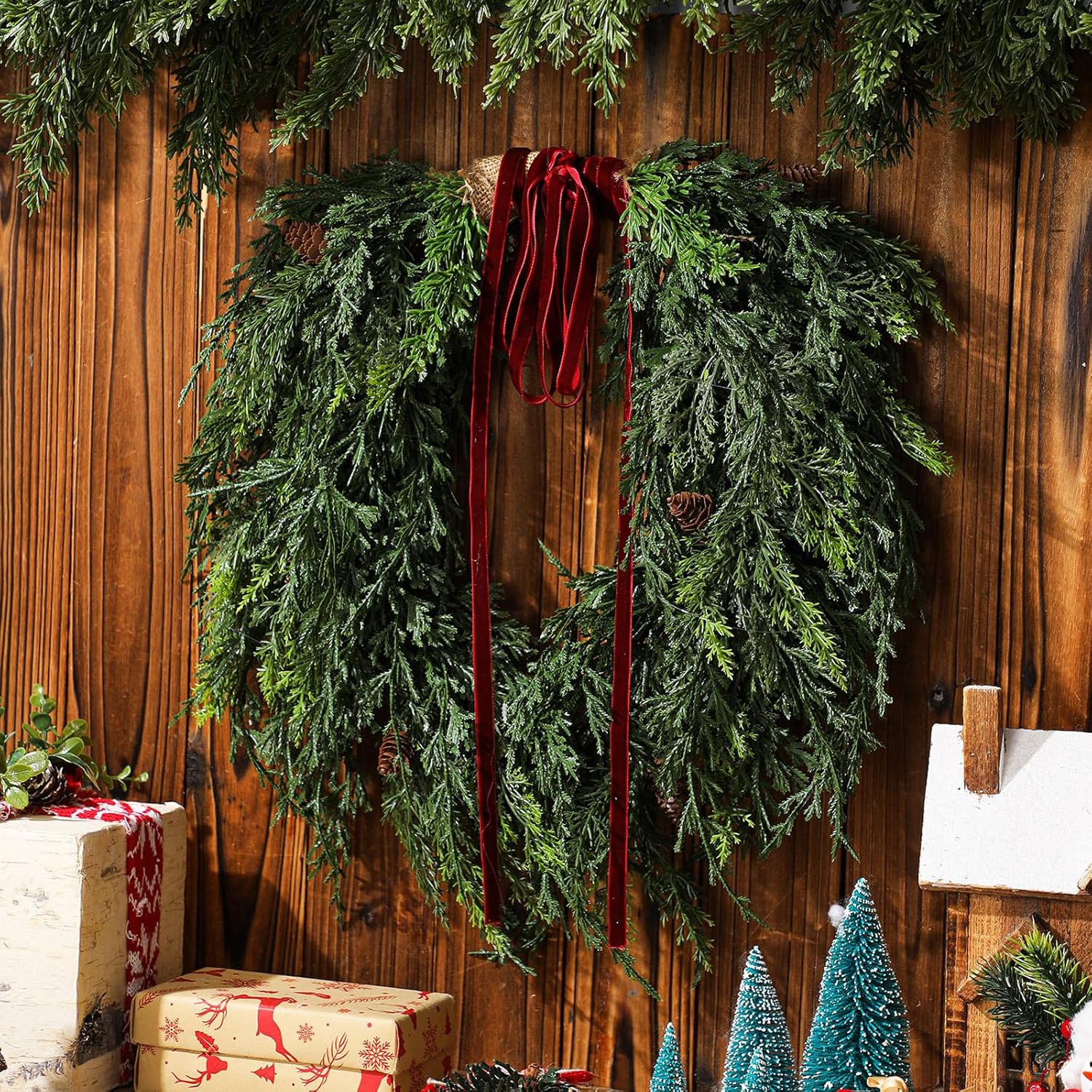 Dingion Small Norfolk Pine Christmas Wreath 11.8 in Christmas Kitchen Cabinet Norfolk Pine Wreath Mini for Front Door Artificial Farmhouse Rustic Xmas Decor for Window Fireplace - Image 3