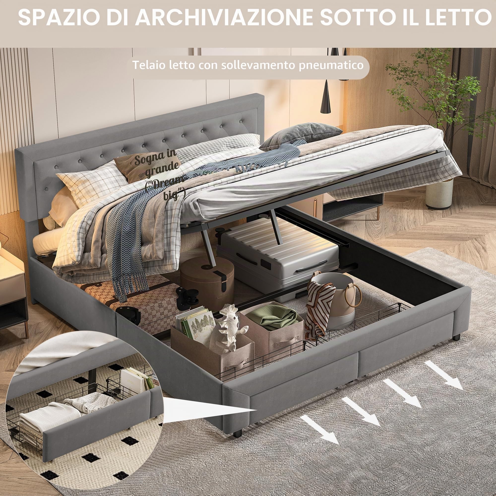 Letto Matrimoniale King Size 180x200cm con Stoccaggio Idraulico e 2 Cassetti, Letto Matrimoniale con Testiera e Sommier, in Velluto, Design Moderno (Senza Materasso)