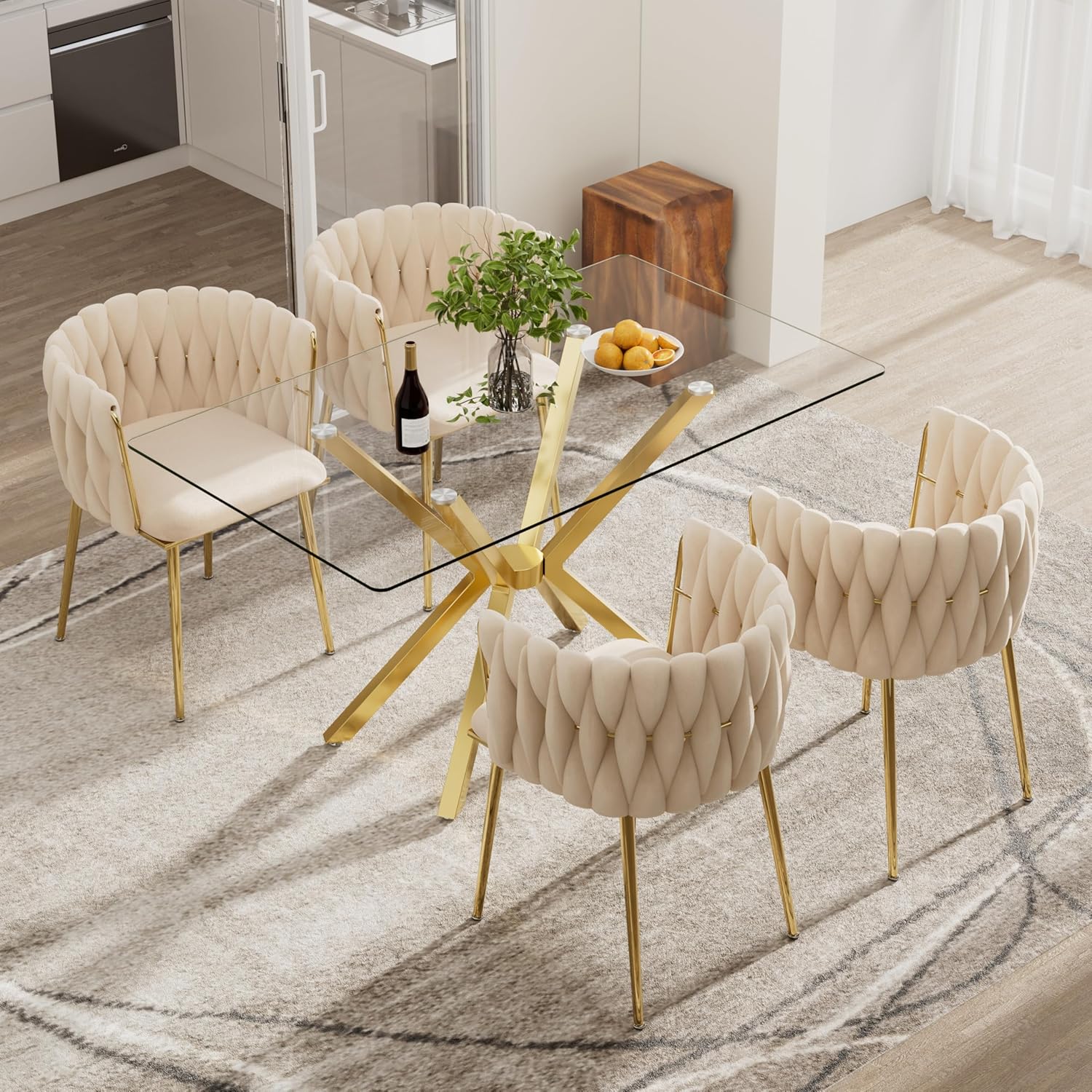 5 Pieces Modern Luxury Glass Dining Set, Minimalist Rectangle Dinner Room Set for 4, 47'' Clear Glass Top Kitchen Table Set with Gold Base, Beige Woven Chairs, for Small Apartment Tea