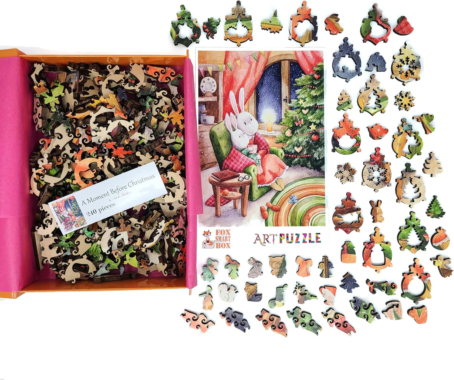 Large Format Wooden Puzzle for Adults and Seniors - Large Pieces Puzzle - Uniquely Shaped Pieces - Made in The USA by FoxSmartBox - 240 Pieces - A Moment Before Christmas