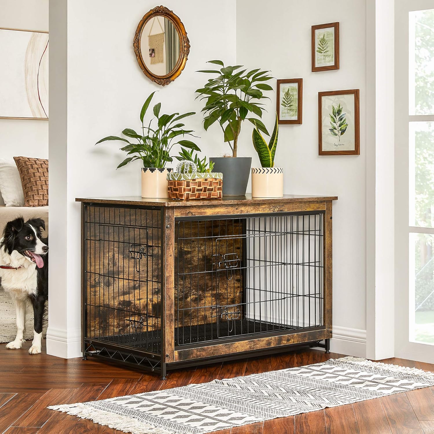 FEANDREA Wooden Dog Crate, Indoor Pet Crate End Table, Dog Furniture with Removable Tray, Large, Rustic Brown and Black UPFC003X01 : Pet Supplies