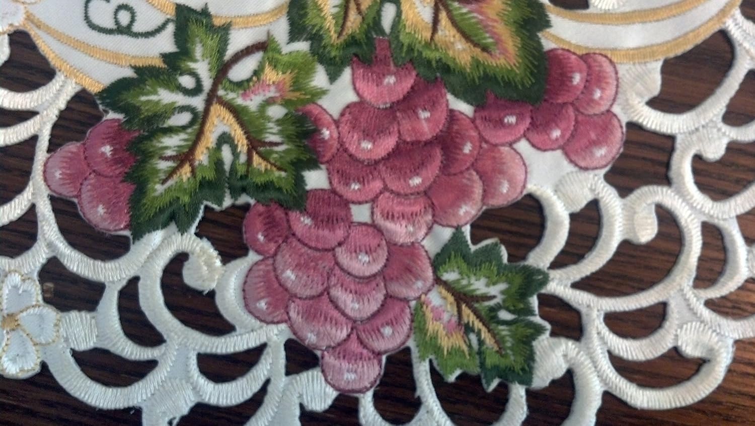 Table Runner Embroidered with Red Purple Grapes on Ivory Material, Size 34 x 15 inches