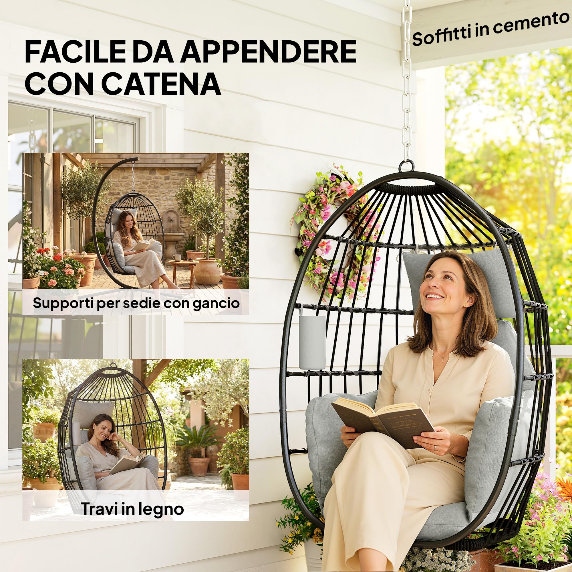 Outsunny Poltrona Sospesa a Uovo con Gancio, Cuscino Imbottito, Poggiatesta, Portabicchieri, Sedia a Dondolo da Giardino Pieghevole, in Acciaio, per Interni ed Esterni, 75x62x107 cm, Grigio