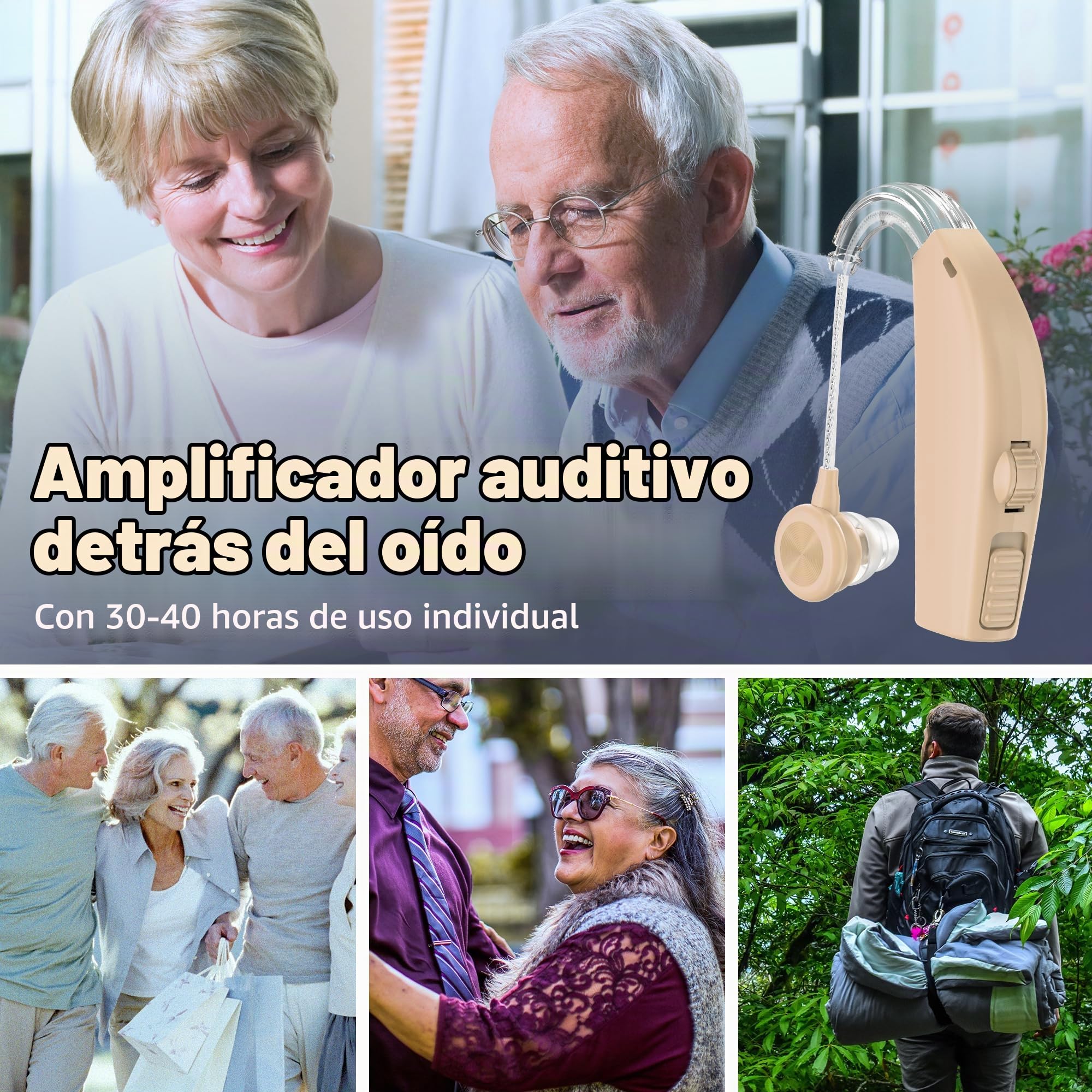 Par de dispositivos BTE digitales recargables con ajuste de reducción de ruido para adultos y personas mayores, duración de la batería durante todo el día, peso ligero detrás de la oreja, piel