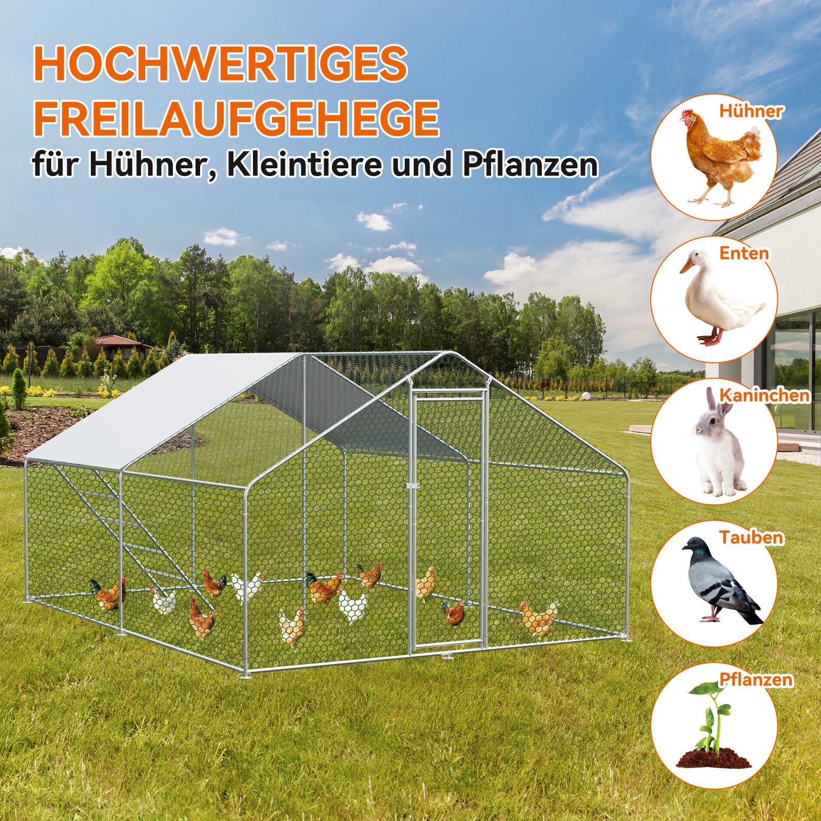 Hühnerstall mit Leiter, 3 x 4 x 2 Meter, Verzinkter Stahl, Freilaufgehege Tiergehege für Hühner Hasen, Kleintiergehege mit Obere Stützstange, Sonnenschutzdach und Tür für Hühner Ente Kleintiere