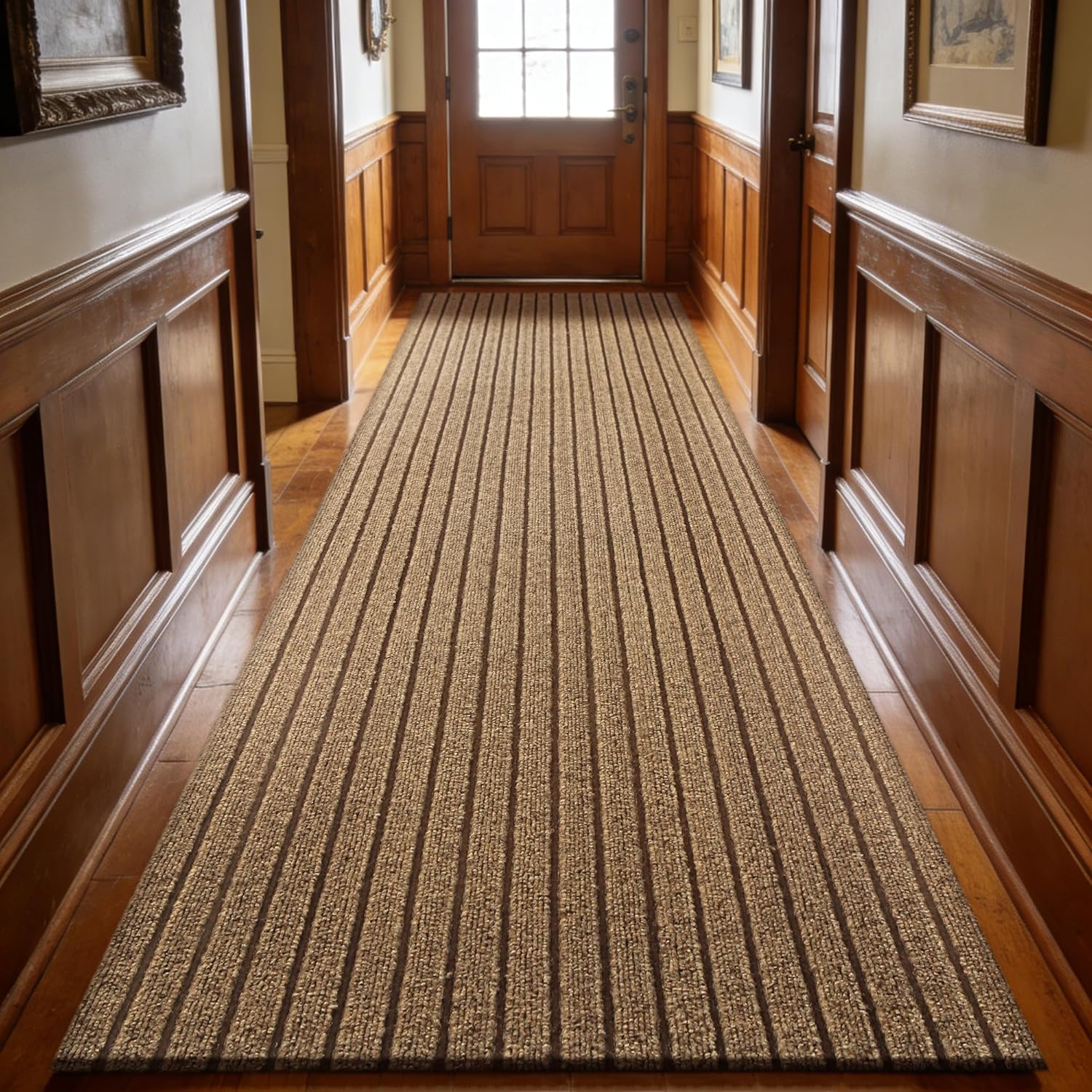2ft x 8ft Runner Rug, Non Slip Indoor Outdoor Rugs, Waterproof Low Profile Carpet Runners for Hallway Entryway Kitchen Garage Patio Balcony, Custom, Brown Stripes