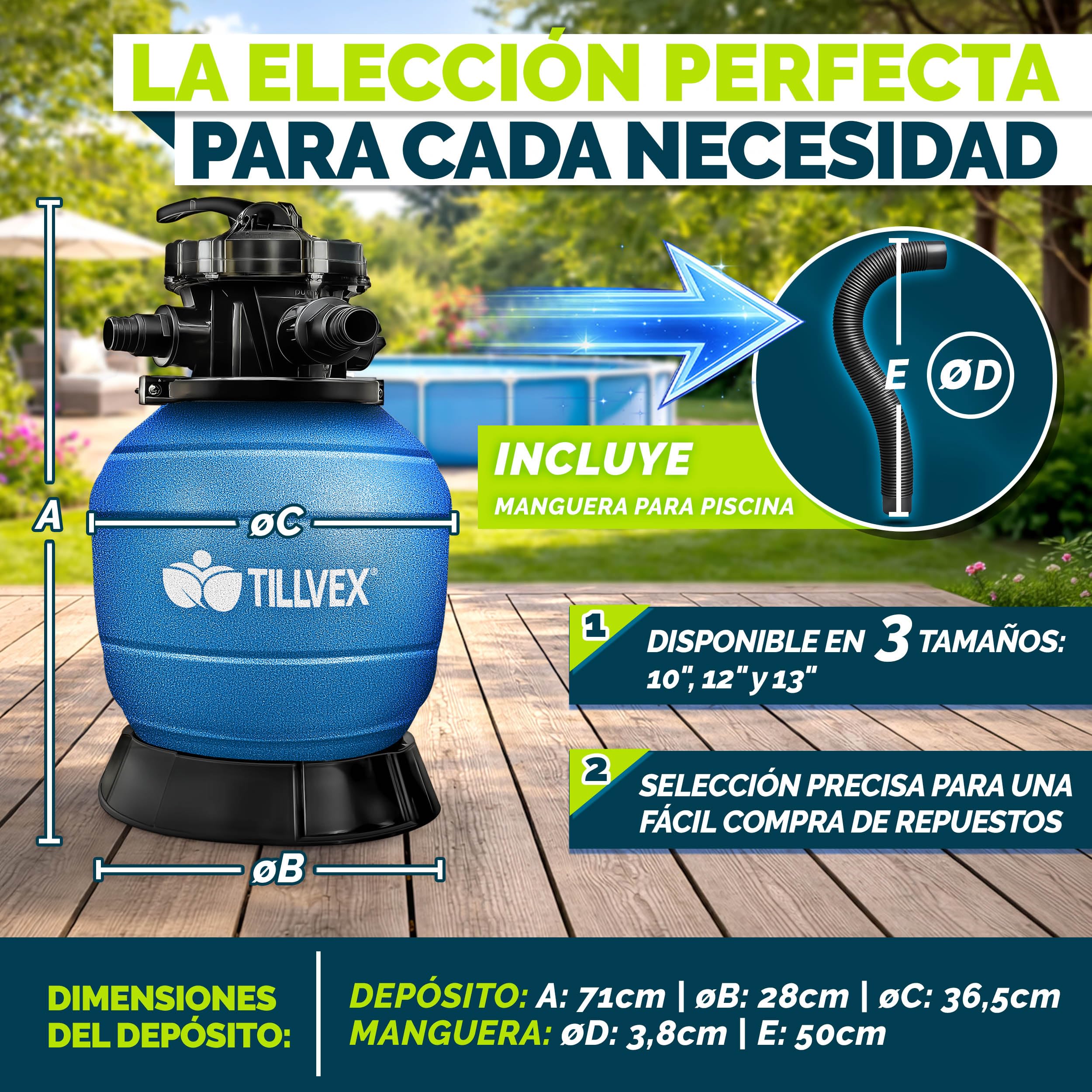 tillvex® Filtro de Arena para Piscina SIN Bomba + Bolas filtrantes hasta 50 m³ (50.000 litros) | Depósito Filtro Piscina Incl. Adaptador Ø32-38mm | Válvula 7 vías, manómetro & Tubo de aspiración