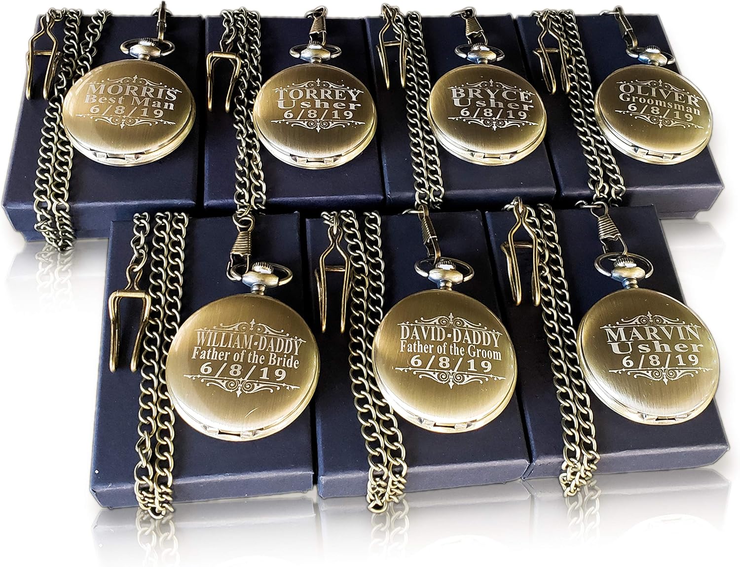 7 Engraved Pocket Watches Custom Fitted Box Included, Buckle Chain, Engraving Included. Pocket Watch, Battery Included, Assorted Colors Set of 7