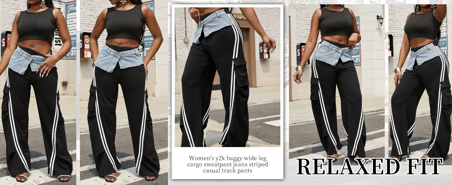 Grandi tasche Jeans larghi pantaloni Cargo donna moda cerniera pantaloni elastici a va alta gamba larga in Denim tutti abbinati pantaloni Streetwear  200000345