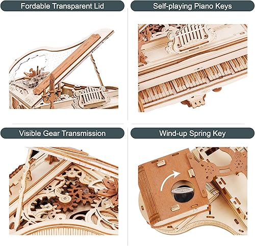 Miniatura 3 de RoWood Rompecabezas 3D para adultos, caja de música de bricolaje, regalos, kits de modelo de piano mágico de madera, rompecabezas mecánicos de