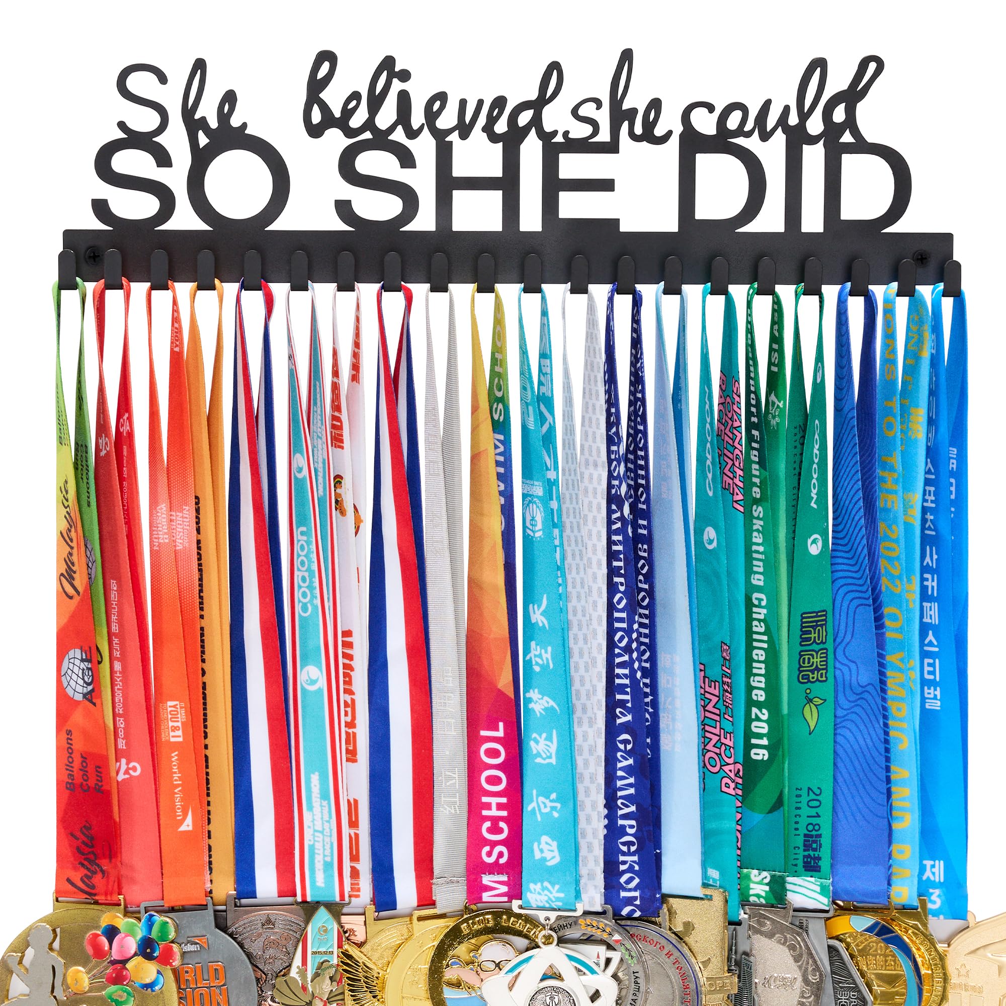 Goutoports Medal Holder Display Hanger Frame for Sport Race Runner Rack-She Believed She Could -Sturdy Black Steel Metal Over 60 Medals Easy to Install