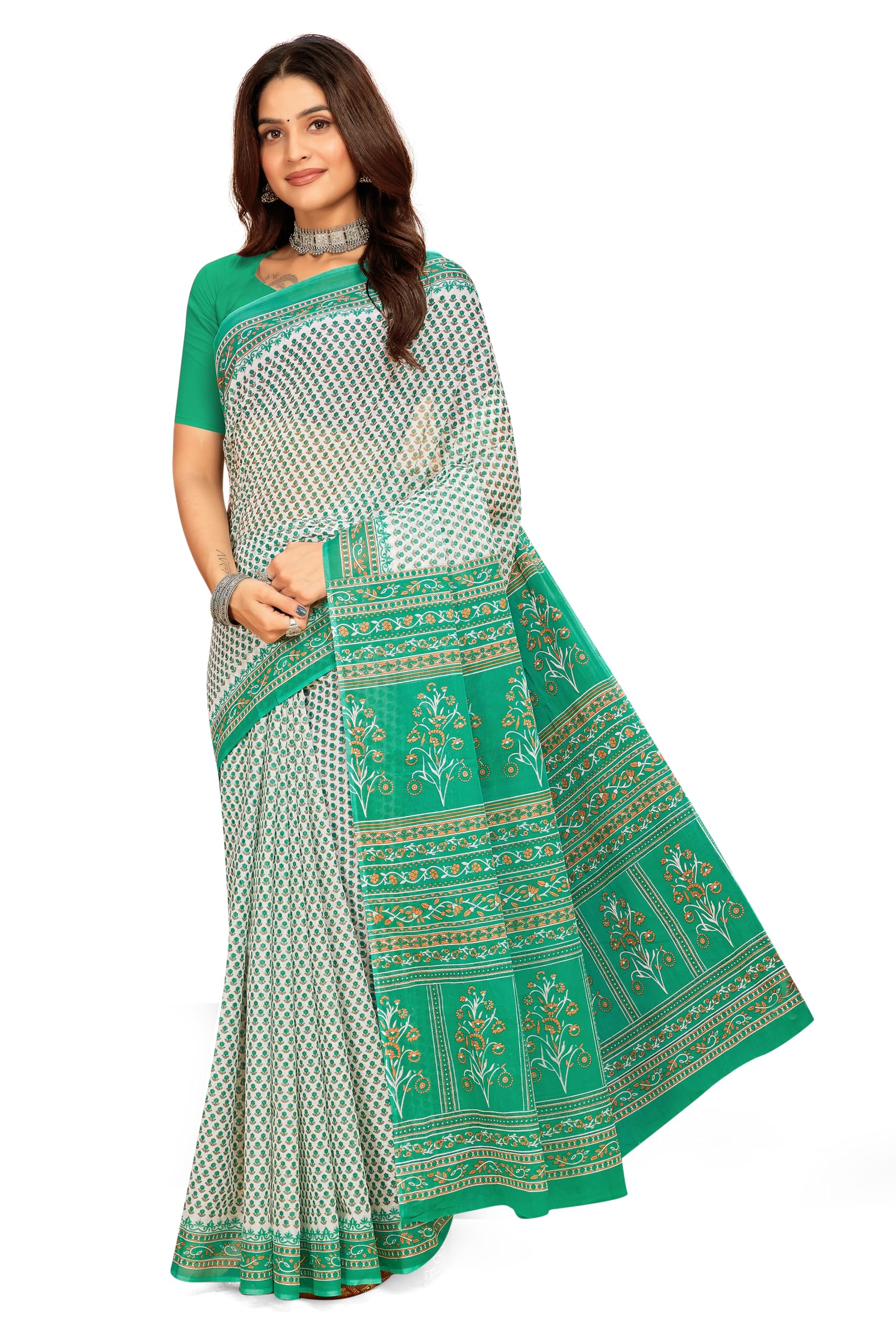 Tamaira Fashion Women's Floral Butti Printed Pure Cotton Mulmul Saree Without Blouse Piece(Ab41_Seagreen)