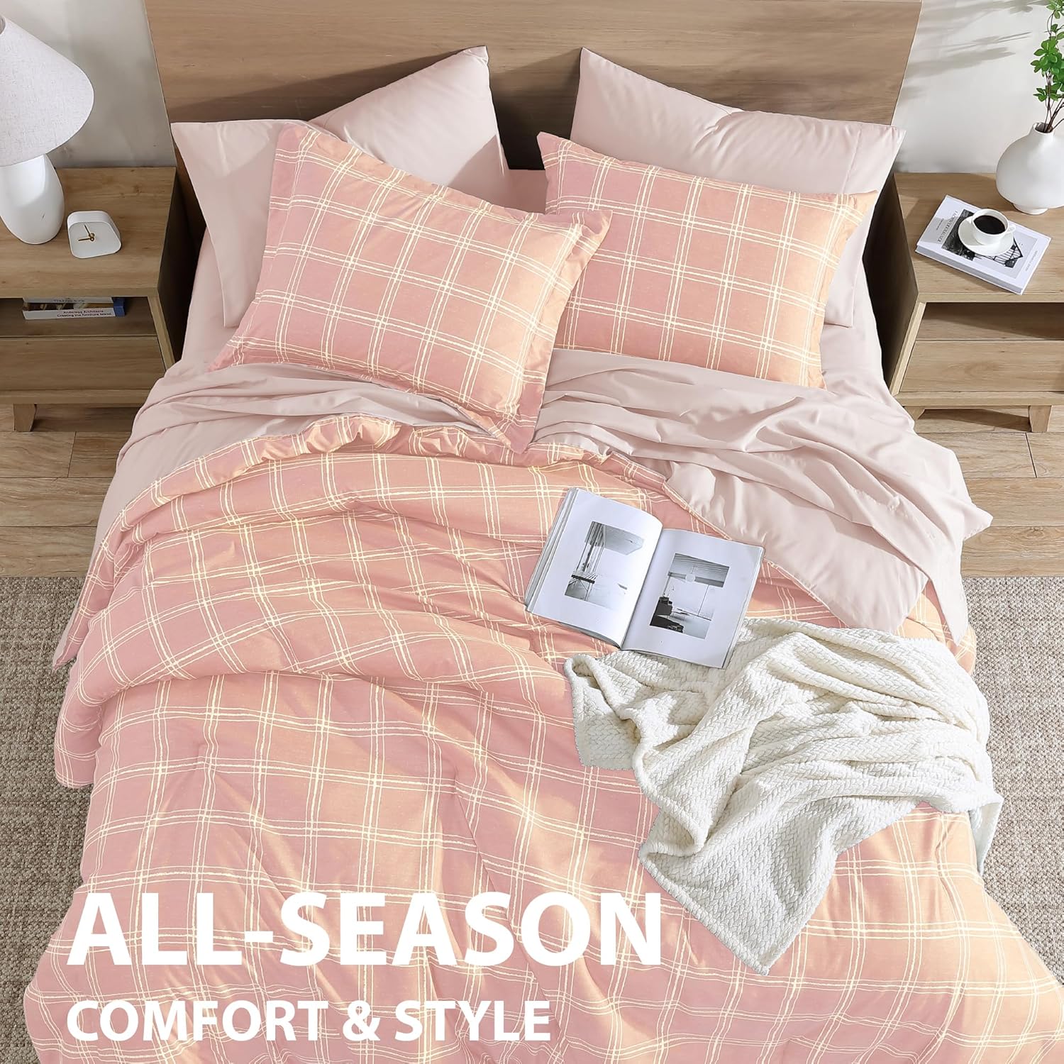 Cathay Home Basic Bedding Home Essential Ultra Soft Lightweight 7PC Wrinkle Resistant Microfiber Bed in a Bag Set (Includes Complete Sheet Set & Comforter Set) - Pink Plaid, Full