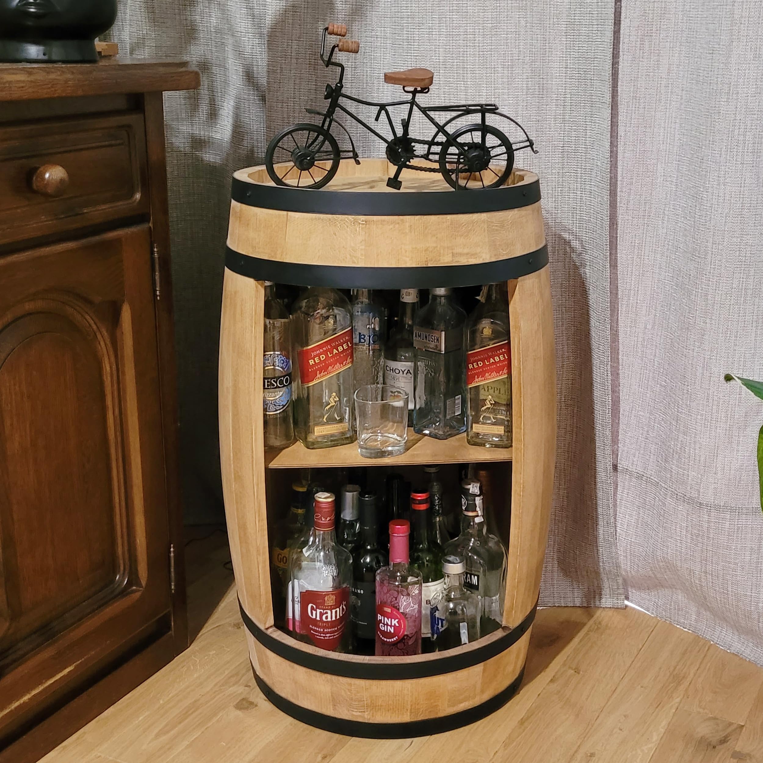 Barril de madera, armario para vino, 81 cm, botellero en forma de barril, armario para bebidas