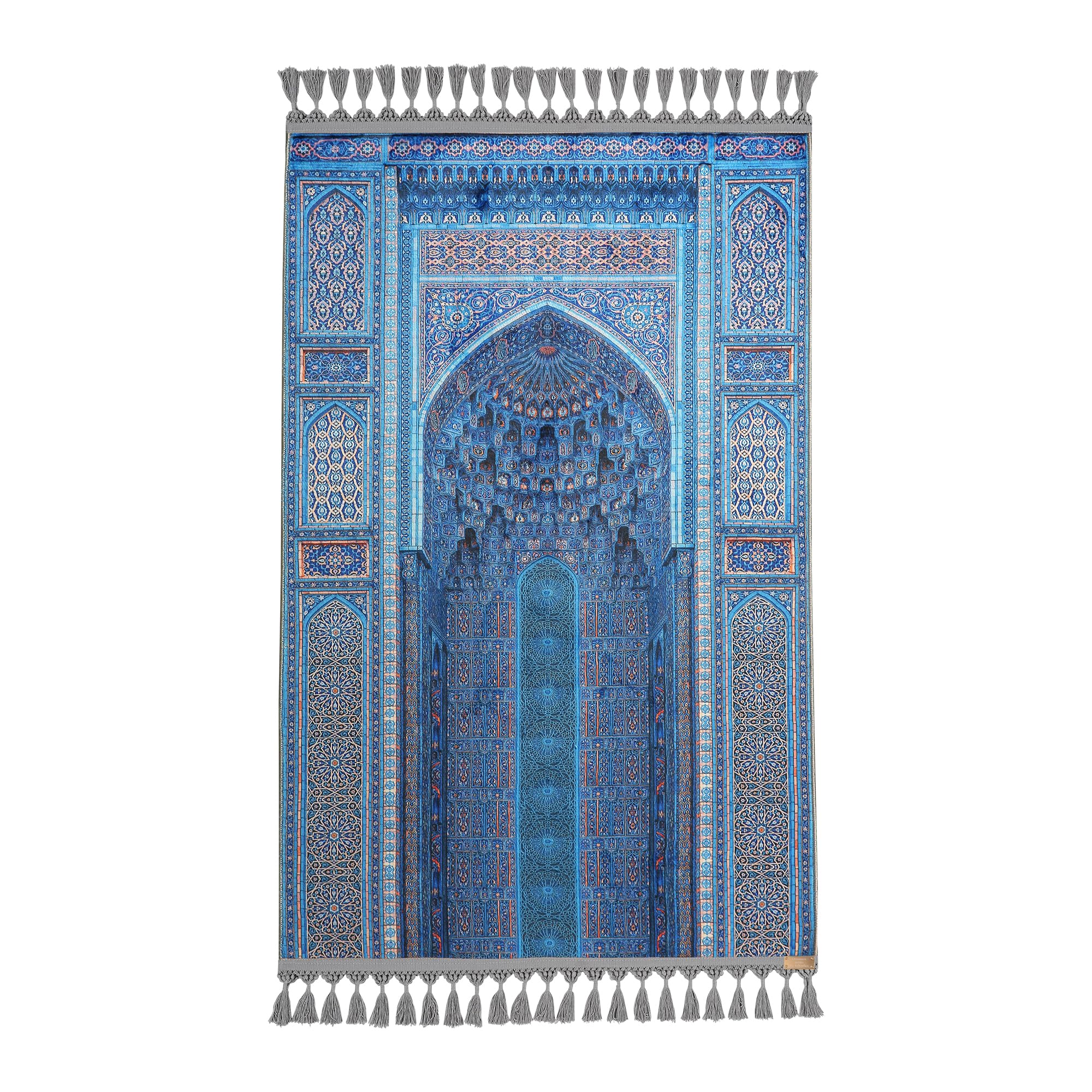 Tapis de prière musulmane bleu avec pompons gris et motif arche décoratif