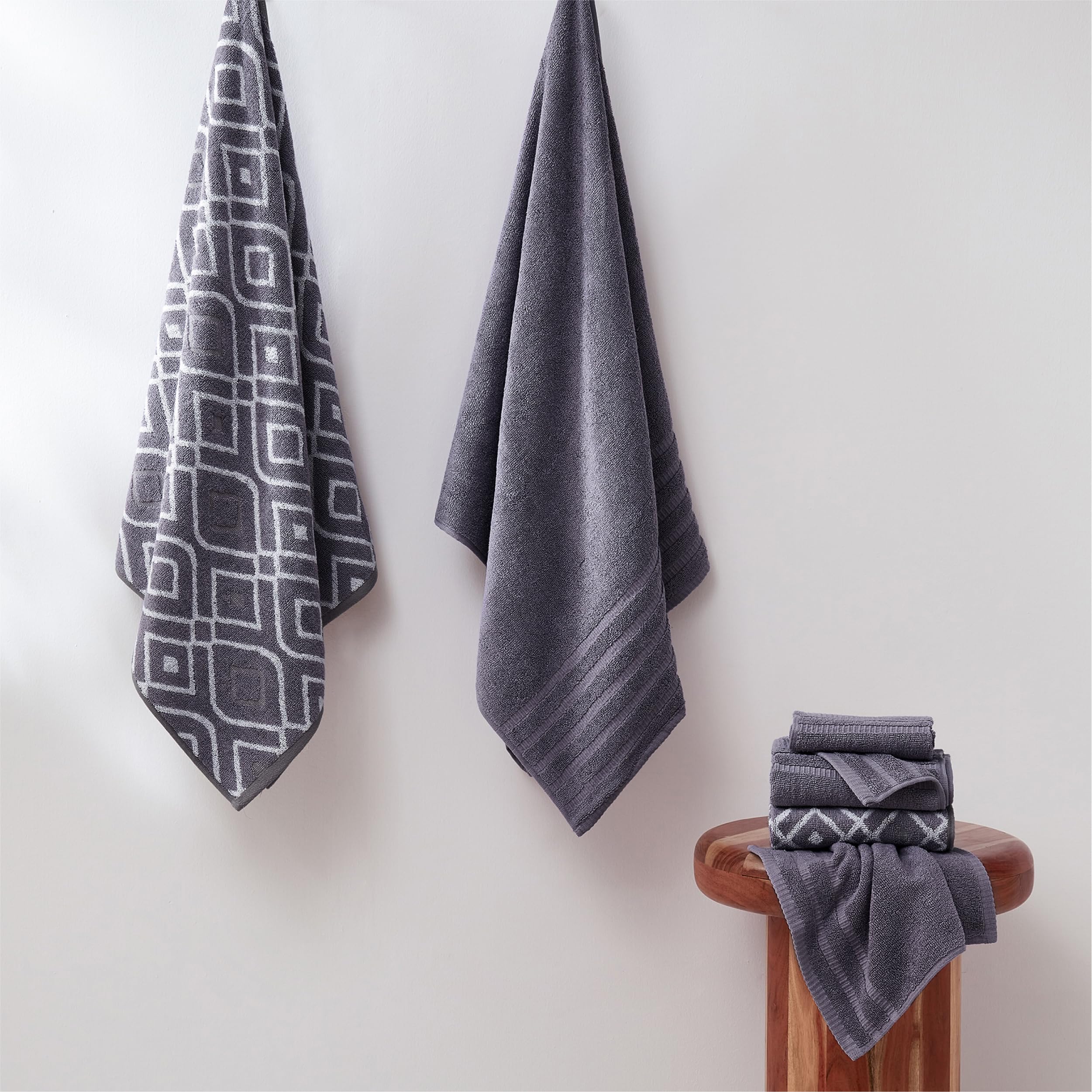 Amrapur 6-Piece Yarn Dyed Oxford Stripe Jacquard/Solid Ultra Soft 550GSM 100% Combed Cotton Towel Set 6 Asciugamani Tinti in Filo Grigio Lavanda, Cotone, Singolo, 40.6 x 25.4 x 12.7 cm, 6 unità