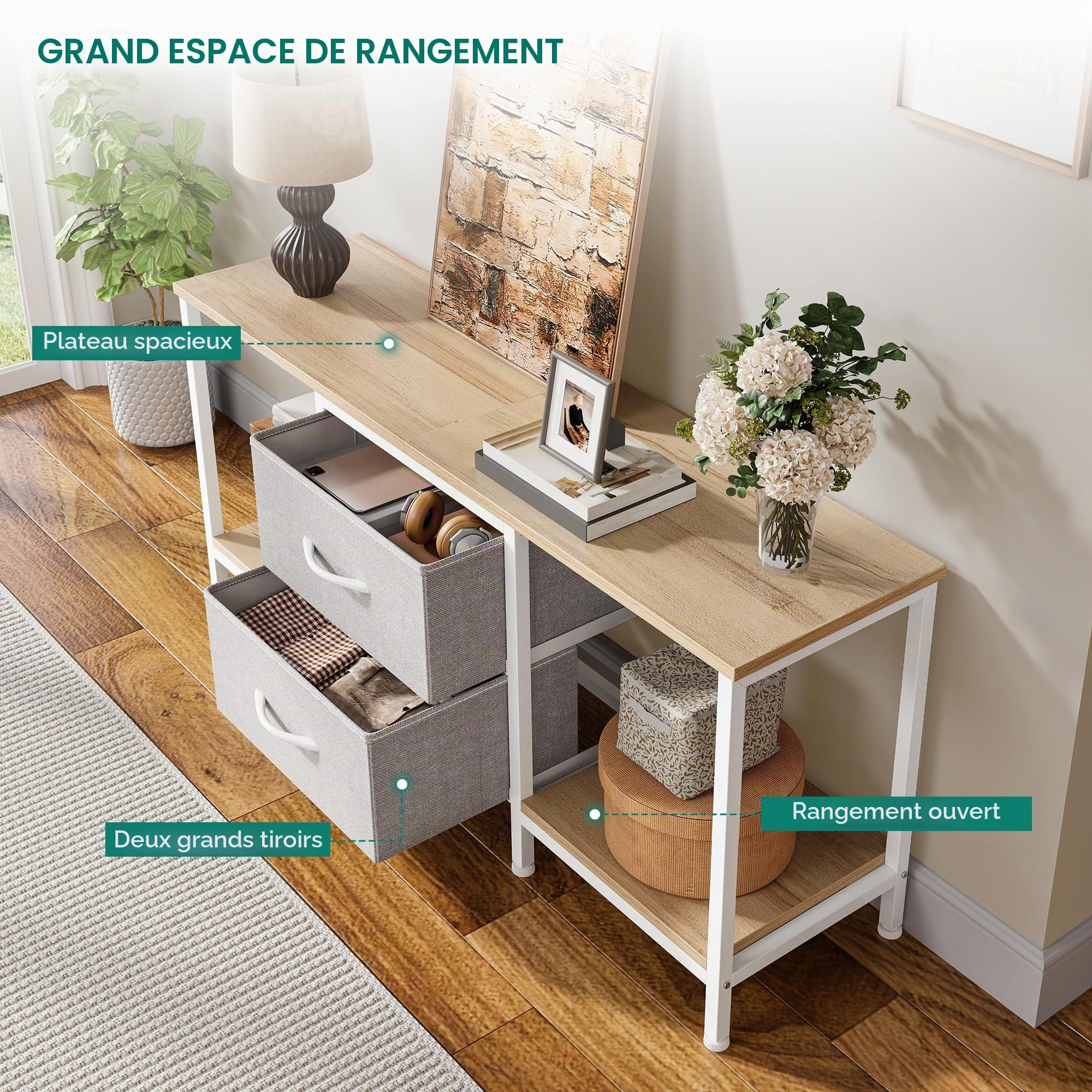 YITAHOME Meuble TV jusqu'à 47", Meuble TV avec 2 tiroirs en Tissu et 2 étagères Ouvertes, Commode 110 x 30 x 50 cm pour Salon, Salle de Divertissement, Chambre à Coucher, Cadre en Acier