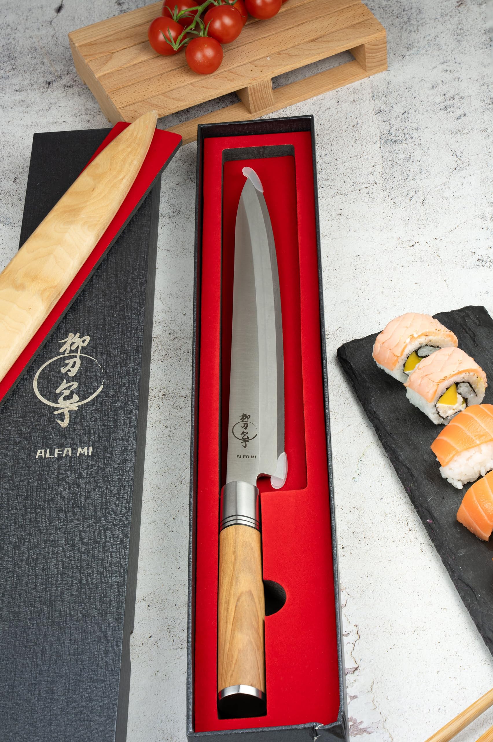 Alfa Mi Couteau japonais à sushi. Couteaux japonais yanagiba cuisine professionnelle 27 cm, ustensiles de cuisine fileter le saumon, manche en bois d'olivier et fourreau