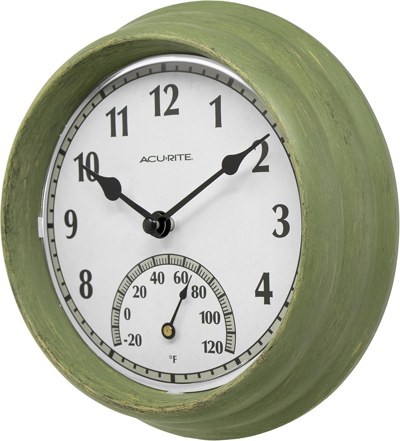 Rustic Green 8.5" Outdoor Analog Wall Clock with Thermometer