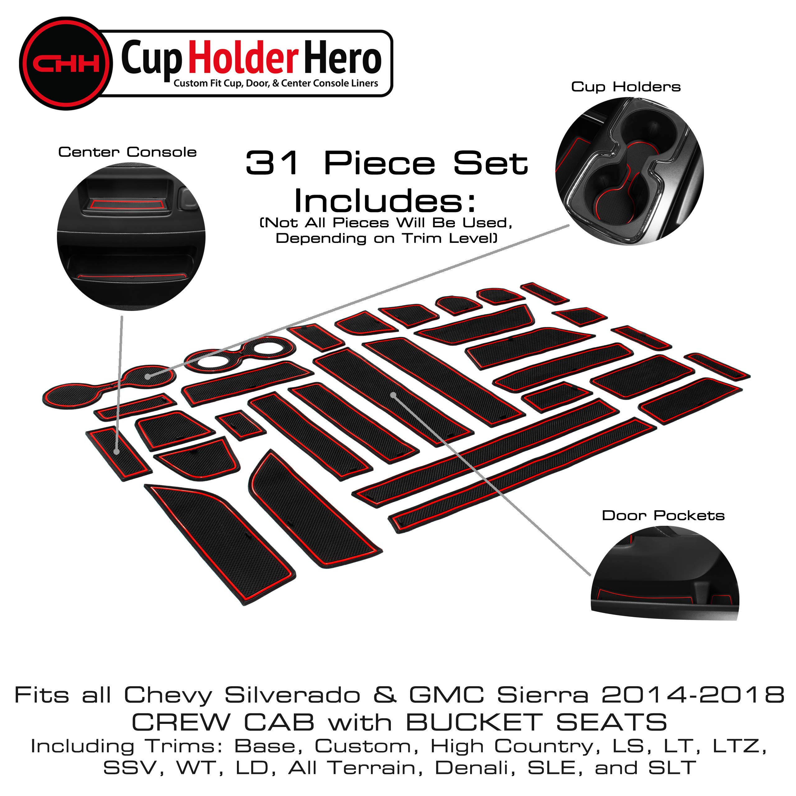 CupHolderHero Passend für Chevy Silverado 1500 Zubehör und GMC Sierra 2014–2022, Premium-Innenfutter, rutschfeste Anti-Staub-Getränkehalter-Einsätze, Konsoleneinlagen, 31-teiliges Set (CrewCab mit