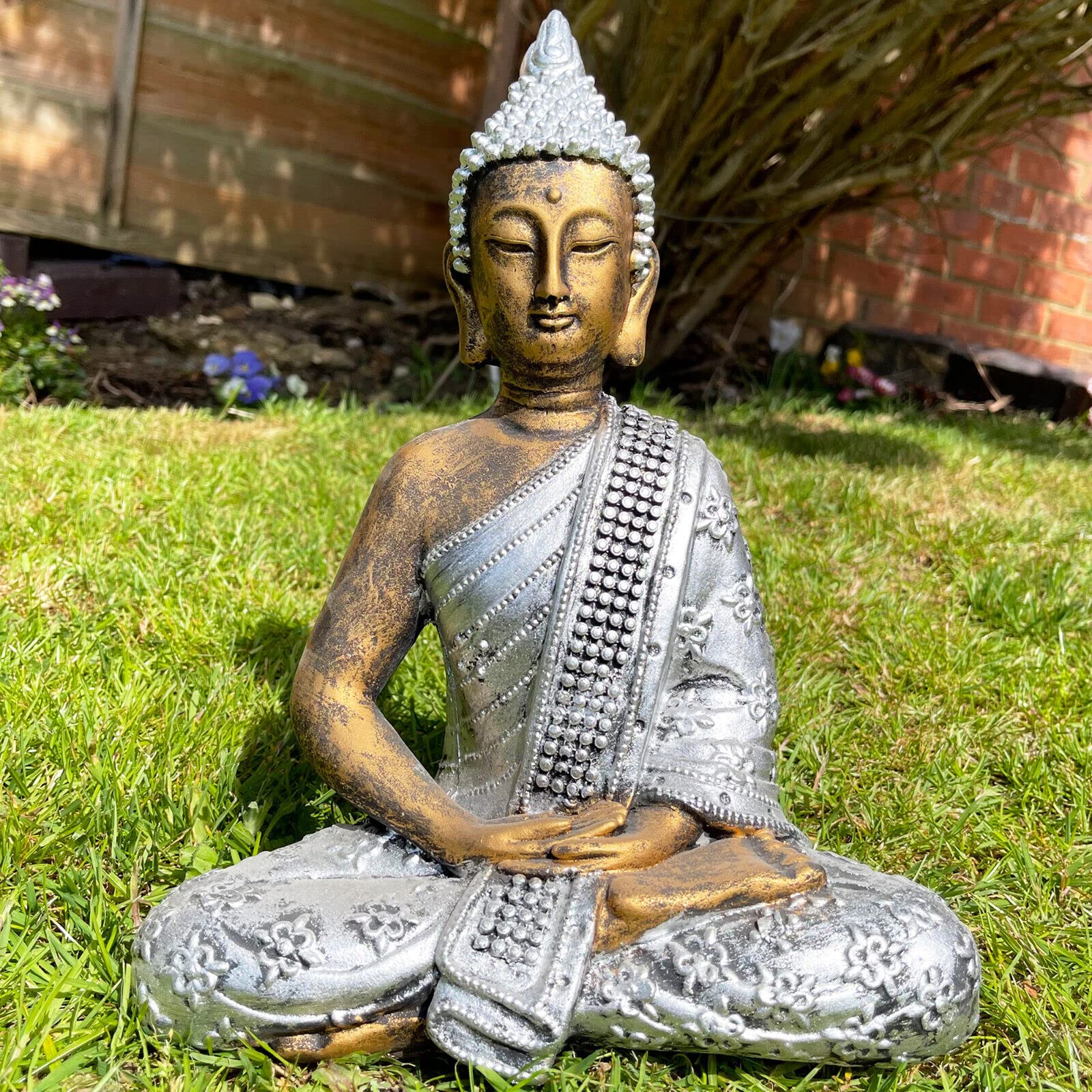Darthome Silver & Gold Garden Buddha Statue Cement Silver Gold Outdoor Sitting Zen Buddhist Sculpture 31Cm